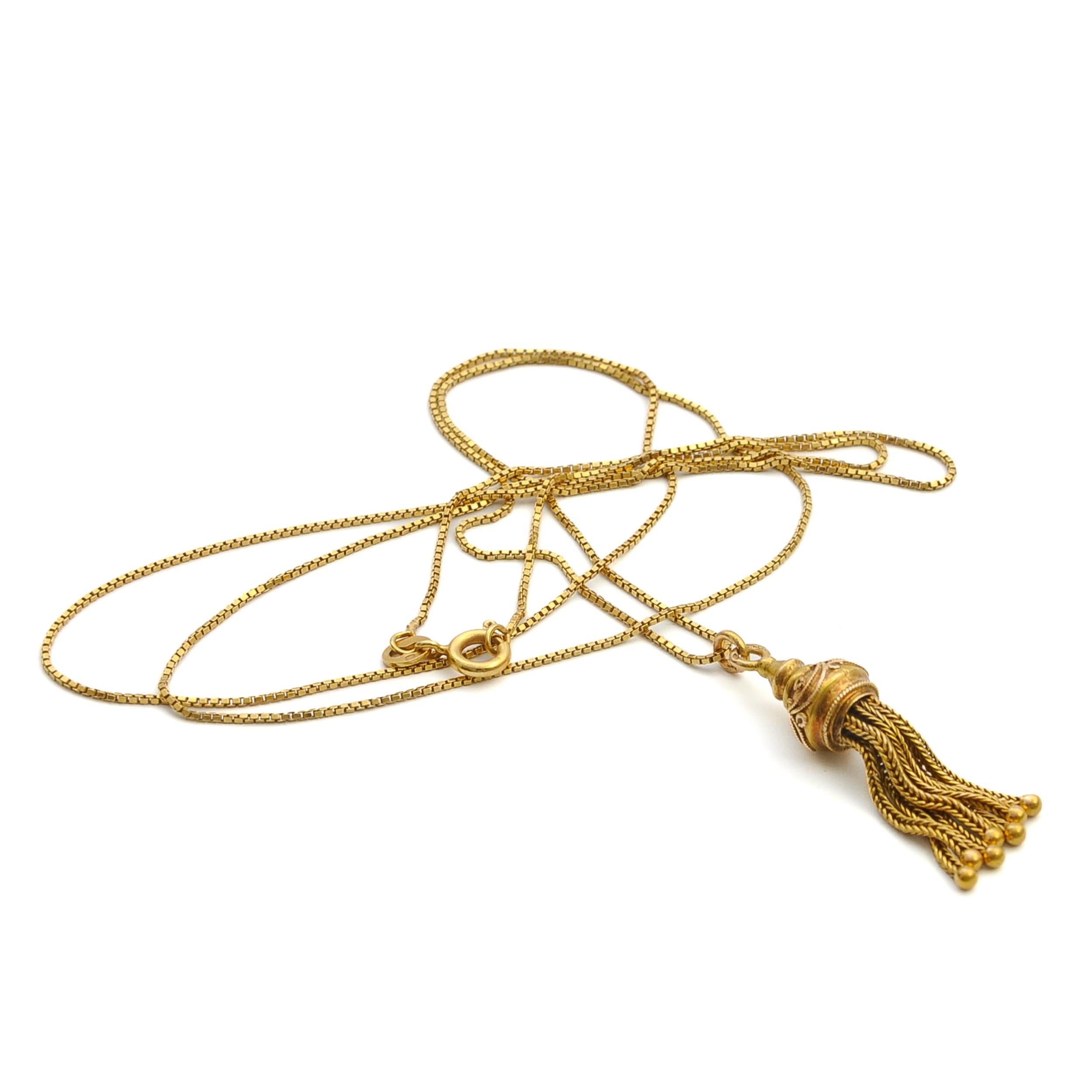 Antique Victorian Gold Box Chain Tassel Pendant Necklace For Sale 1