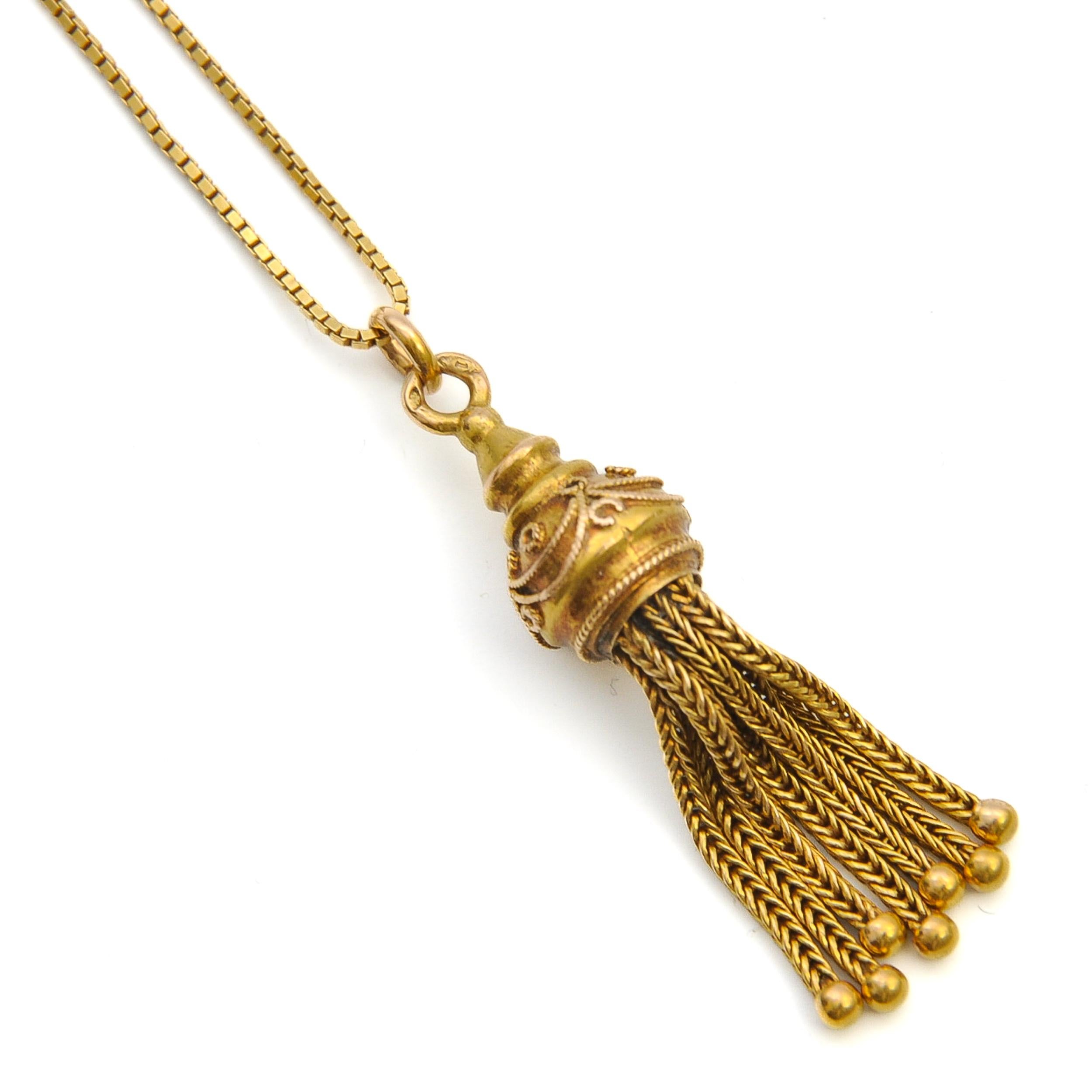 Antique Victorian Gold Box Chain Tassel Pendant Necklace For Sale 2