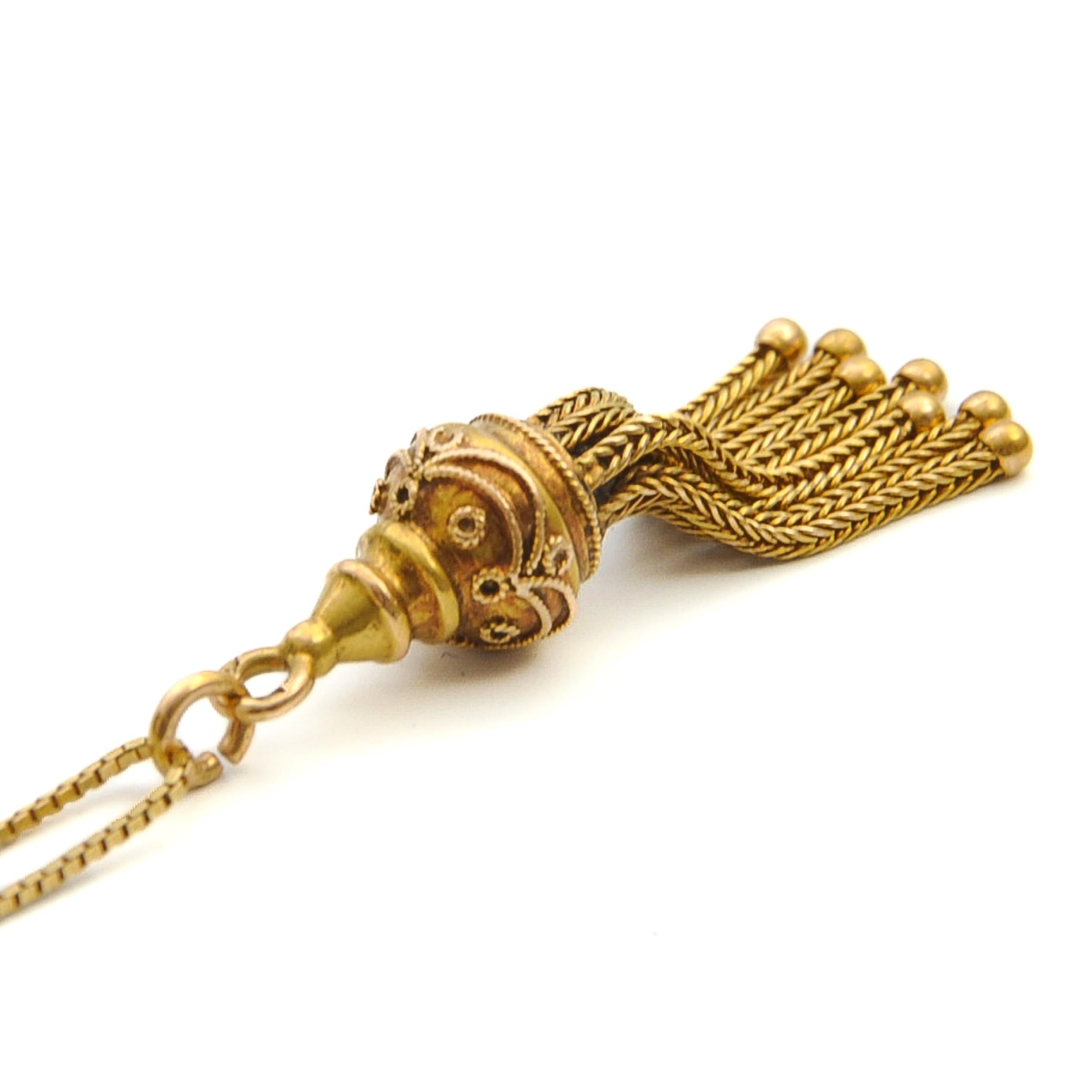 Antique Victorian Gold Box Chain Tassel Pendant Necklace For Sale 3