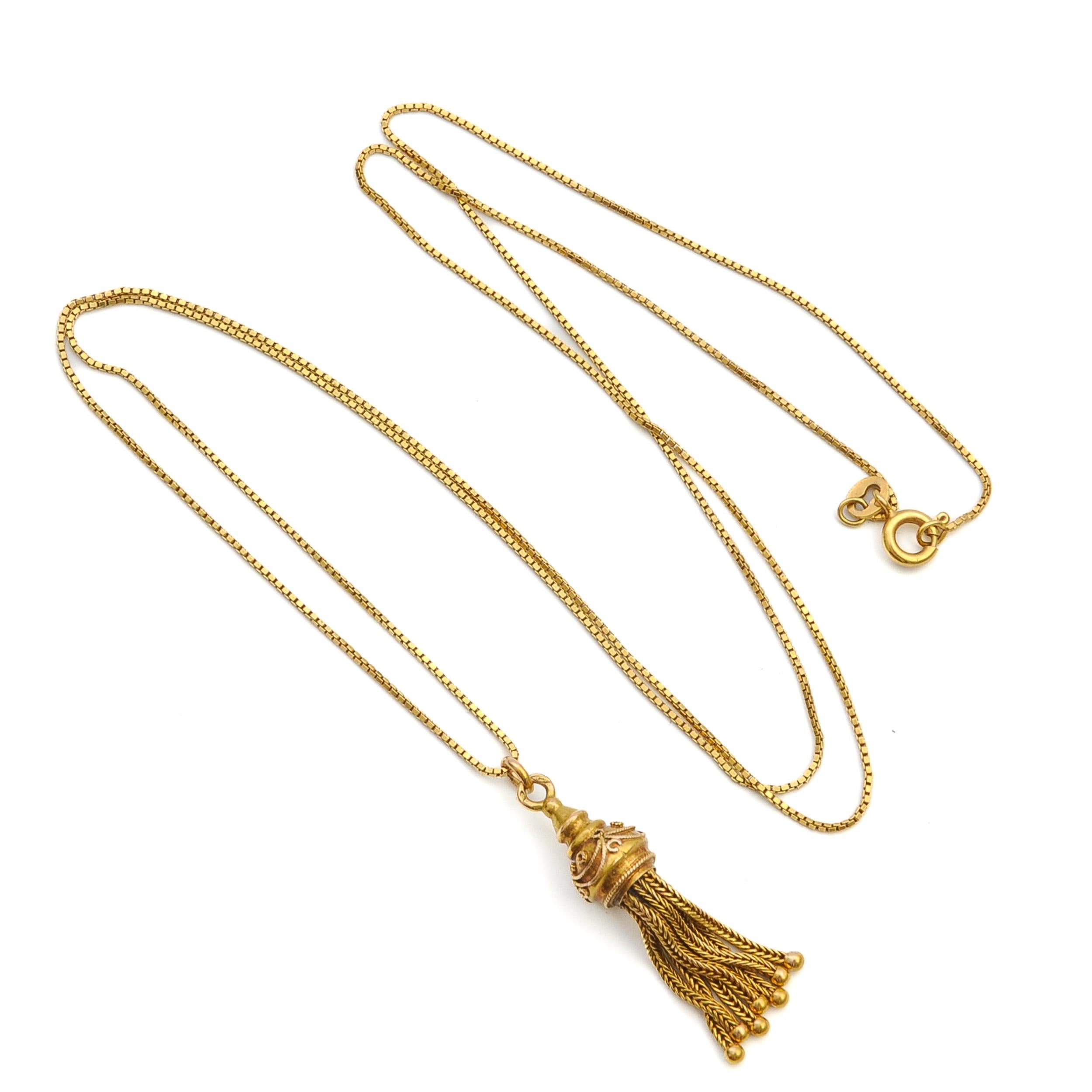 Antique Victorian Gold Box Chain Tassel Pendant Necklace For Sale 4