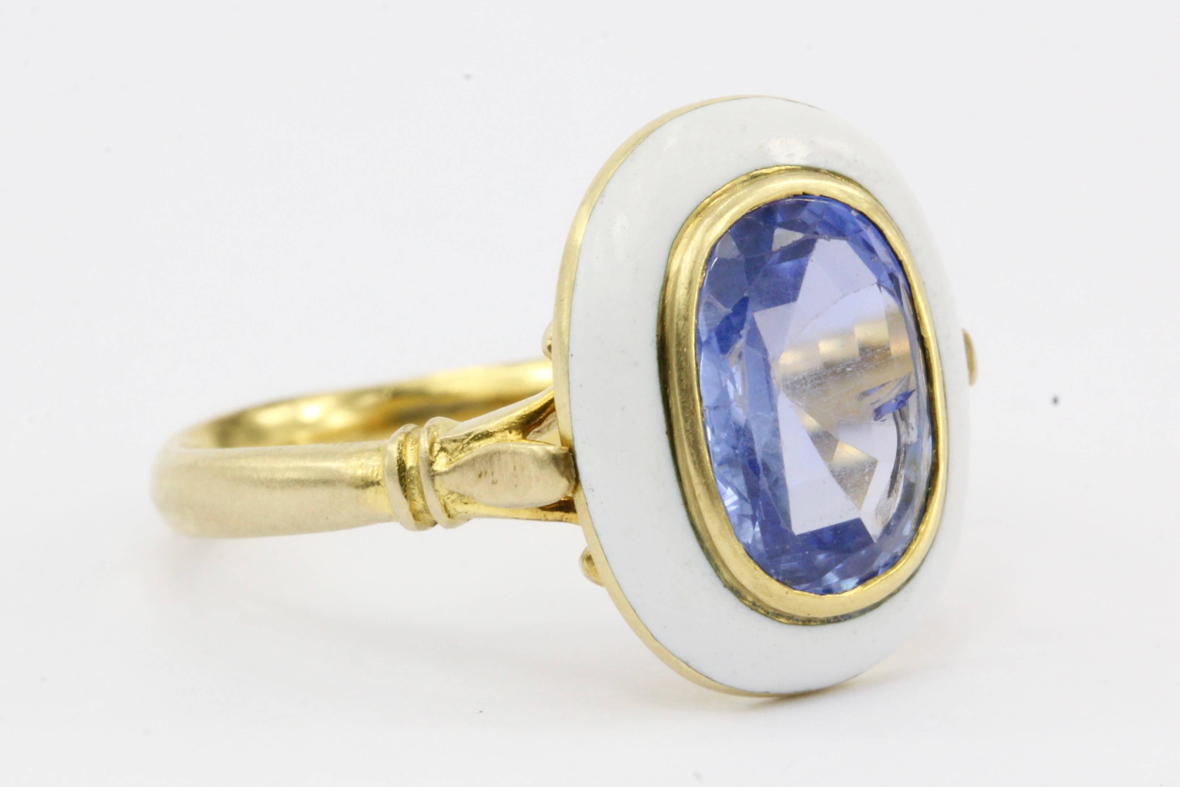 Late Victorian Victorian Gold White Enamel 2.1 Carat Natural No Heat Blue Sapphire Ring