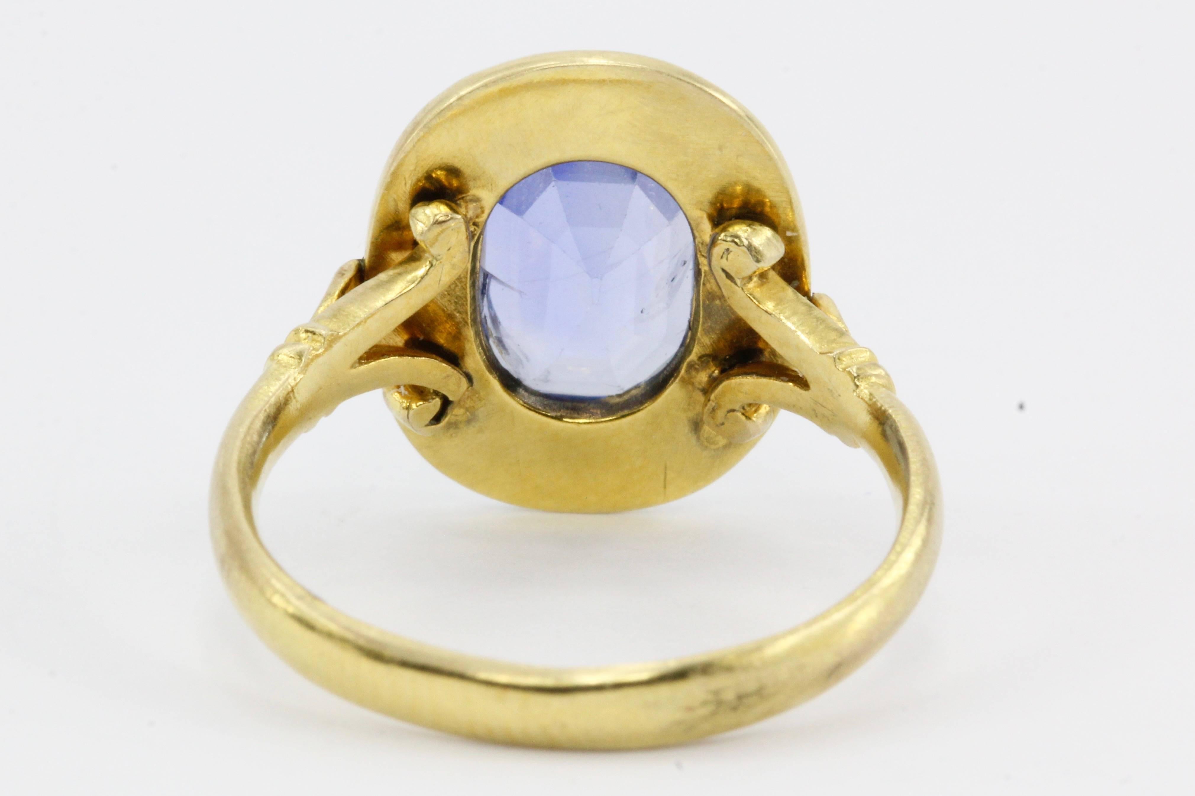 Oval Cut Victorian Gold White Enamel 2.1 Carat Natural No Heat Blue Sapphire Ring