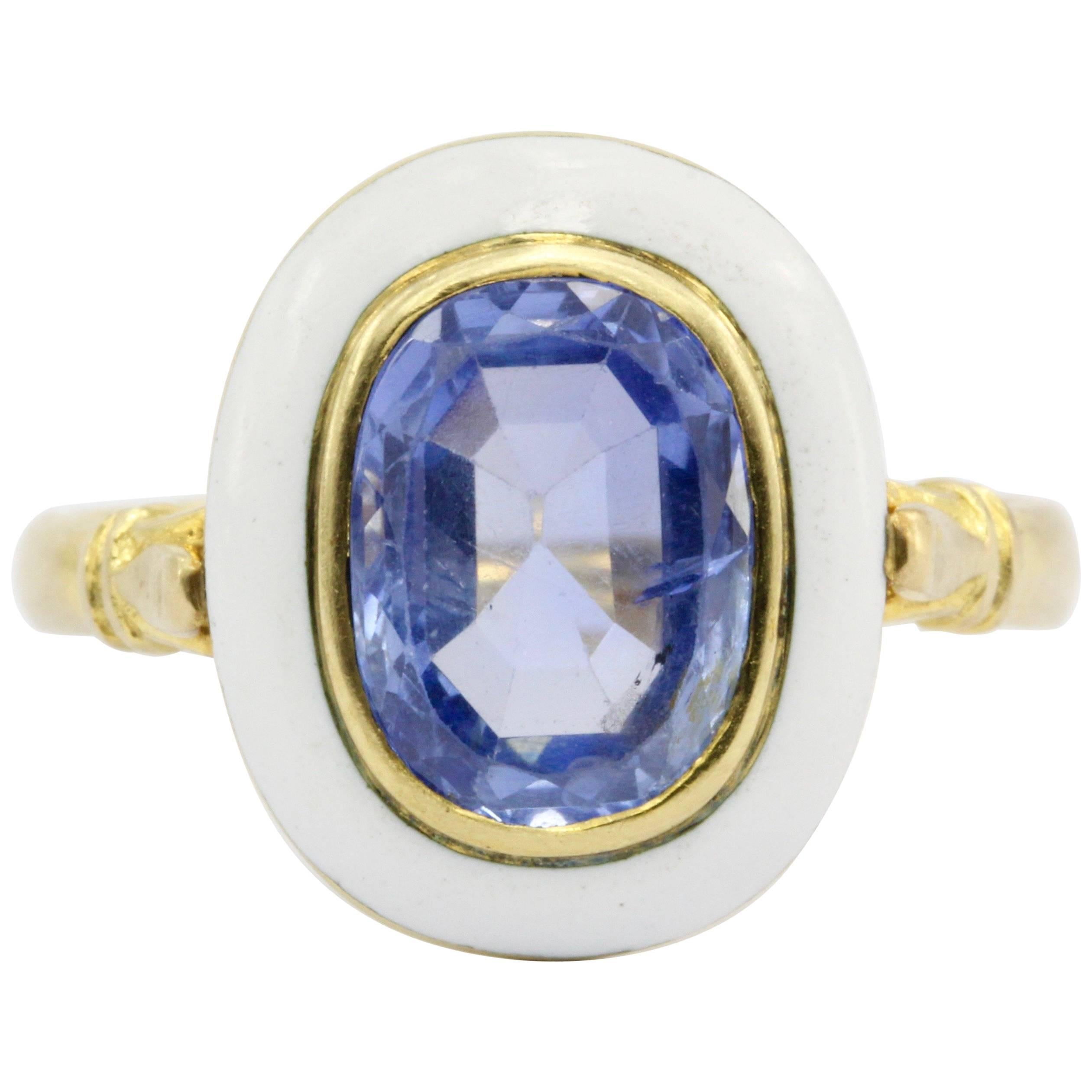 Victorian Gold White Enamel 2.1 Carat Natural No Heat Blue Sapphire Ring