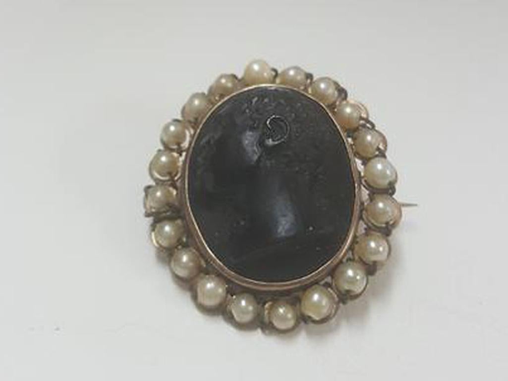 Victorian Gold Cameo Antique Brooch with Natural Pearls  For Sale