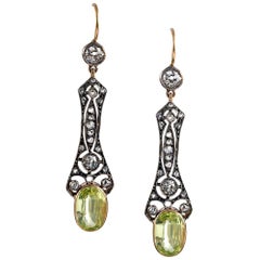 Antique Victorian Golden Chrysoberyl and Diamond Drop Earrings