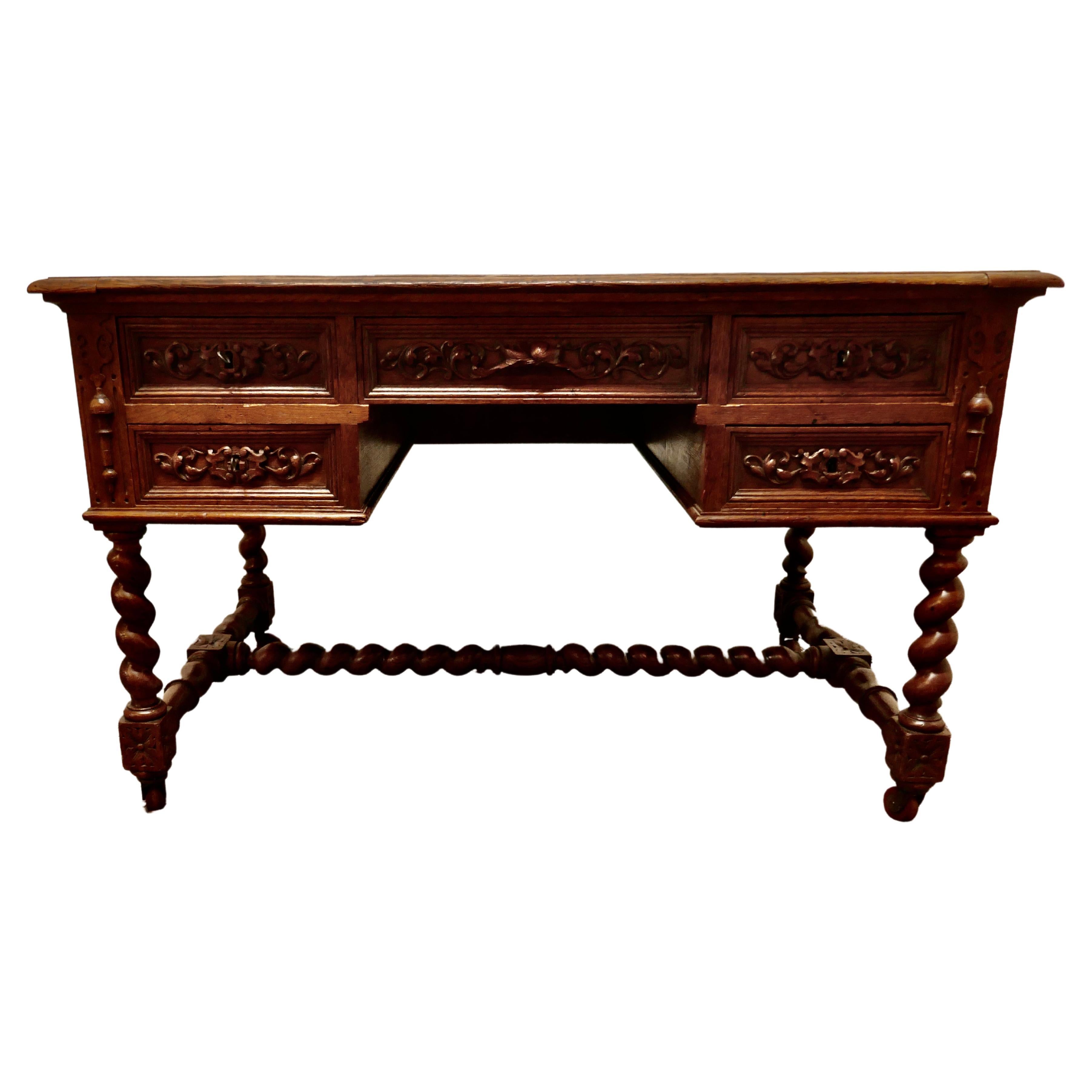 Victorian Golden Oak Green Man Desk For Sale