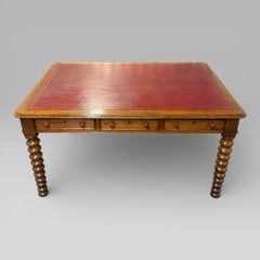 Victorian Golden Oak Library Table / Partners Desk with Leather Top