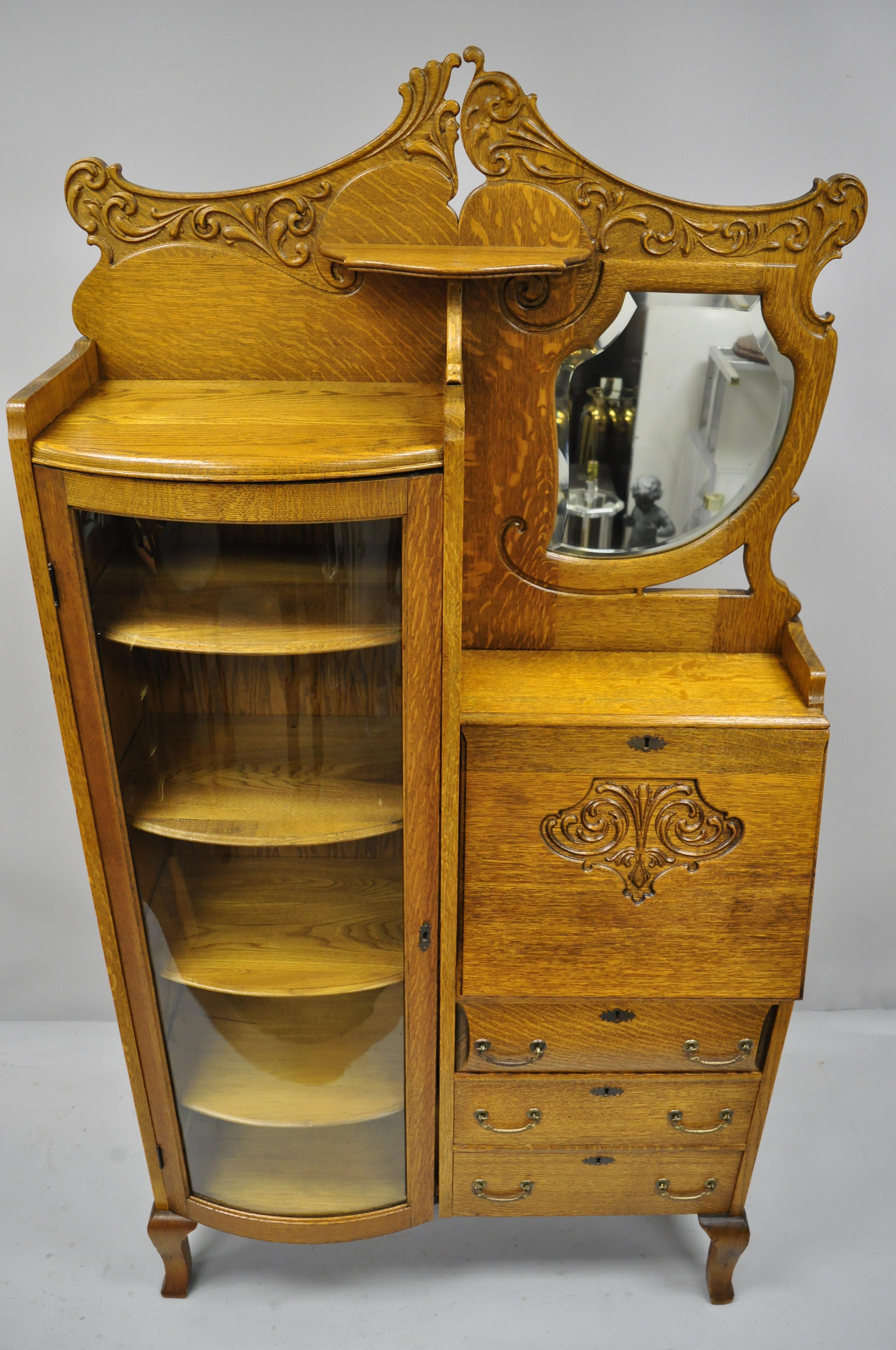 Victorian Golden Oak Side by Side Bow Glass Curio Secretary Desk Bookcase 2