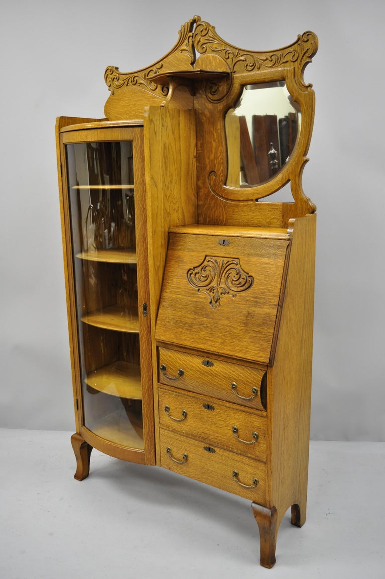 Victorian Golden Oak Side By Side Bow Glass Curio Secretary Desk