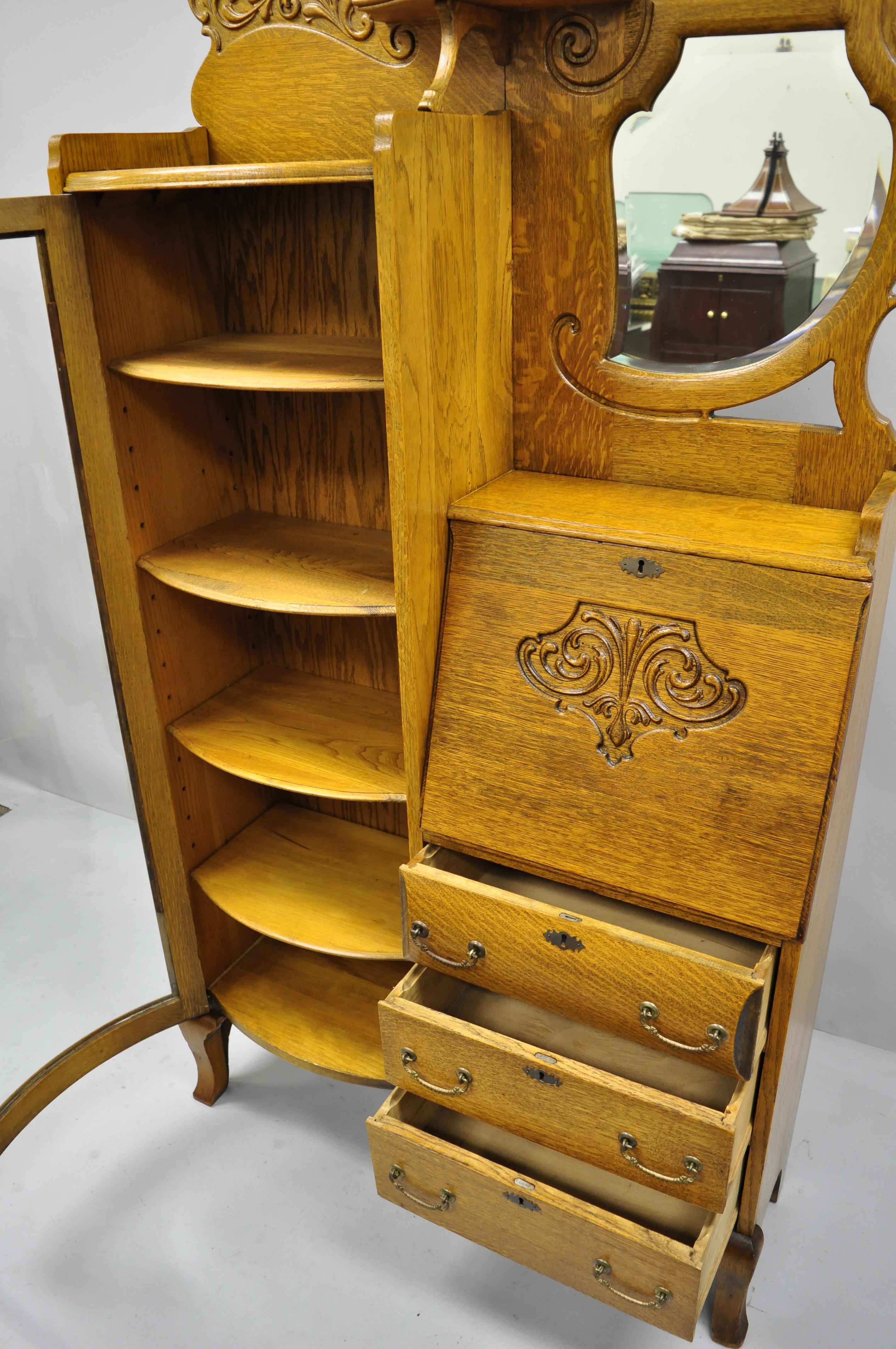 American Victorian Golden Oak Side by Side Bow Glass Curio Secretary Desk Bookcase