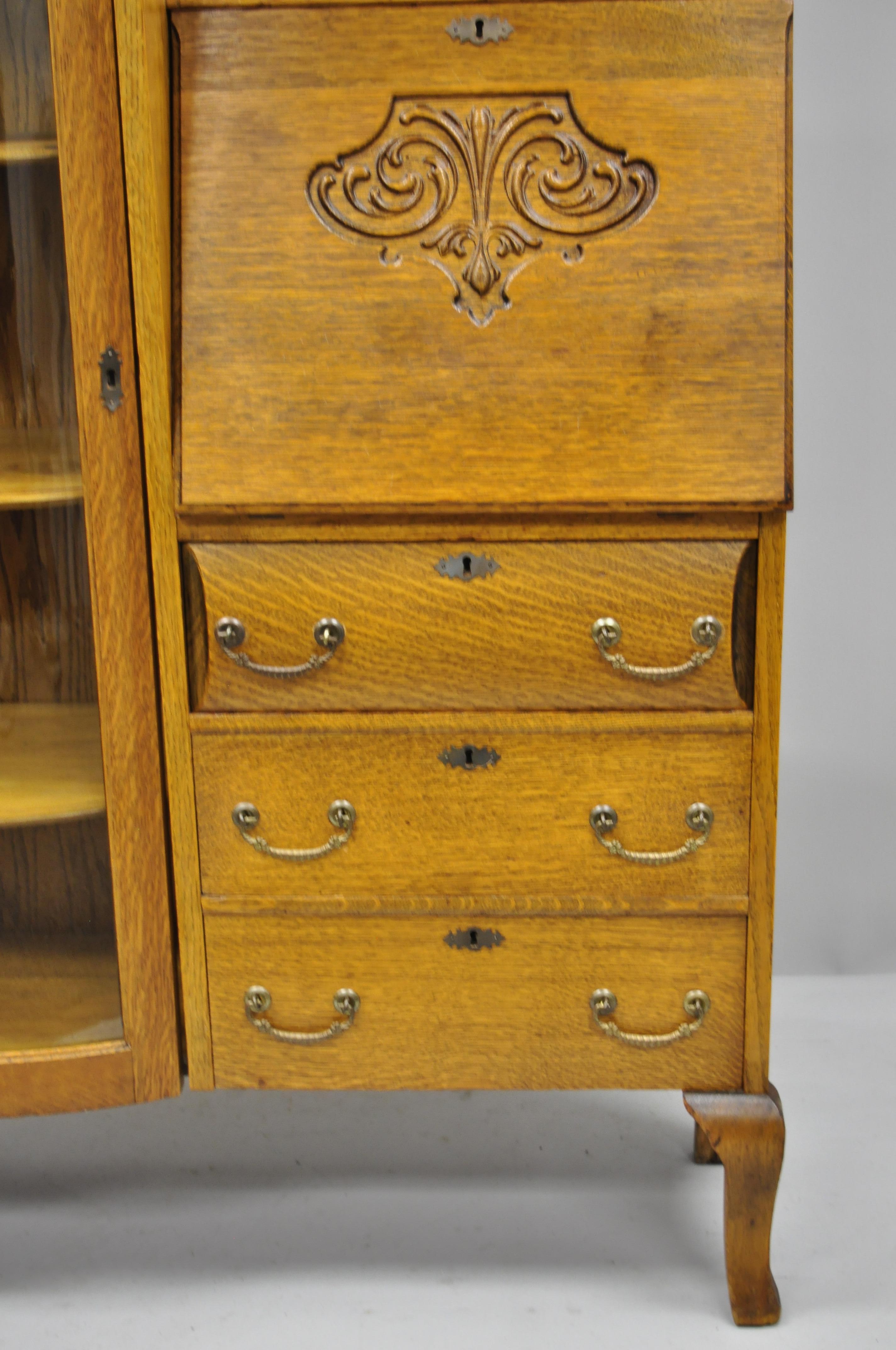 Victorian Golden Oak Side by Side Bow Glass Curio Secretary Desk Bookcase In Good Condition In Philadelphia, PA