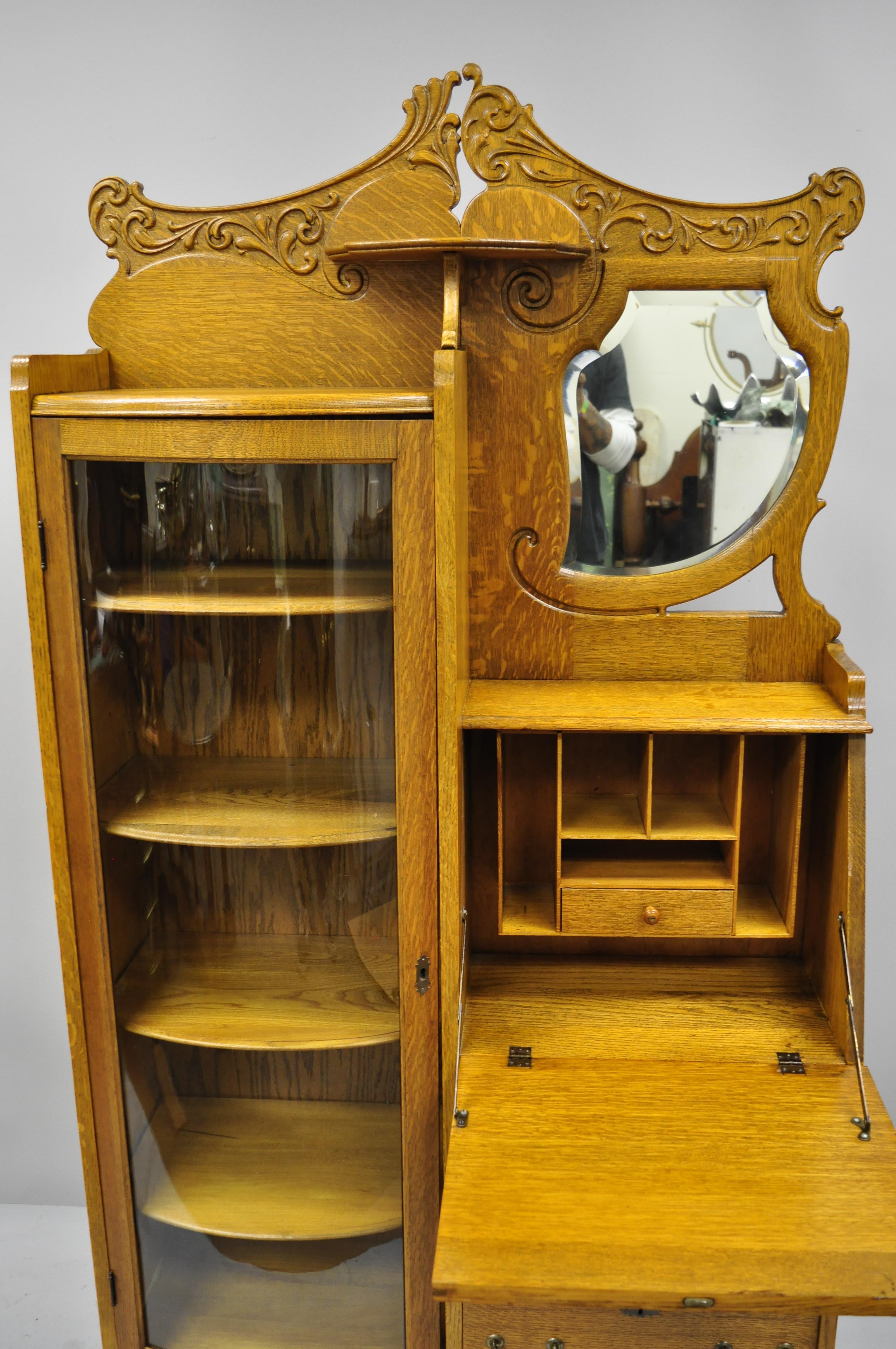 20th Century Victorian Golden Oak Side by Side Bow Glass Curio Secretary Desk Bookcase
