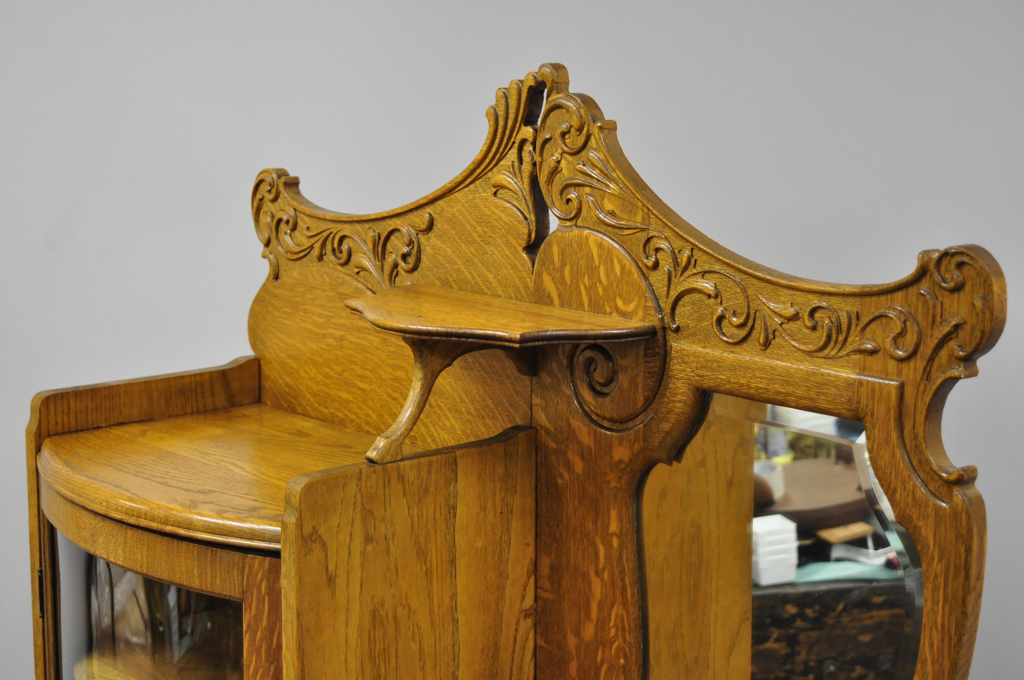 Victorian Golden Oak Side by Side Bow Glass Curio Secretary Desk Bookcase 1