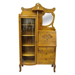 Victorian Golden Oak Side by Side Bow Glass Curio Secretary Desk Bookcase