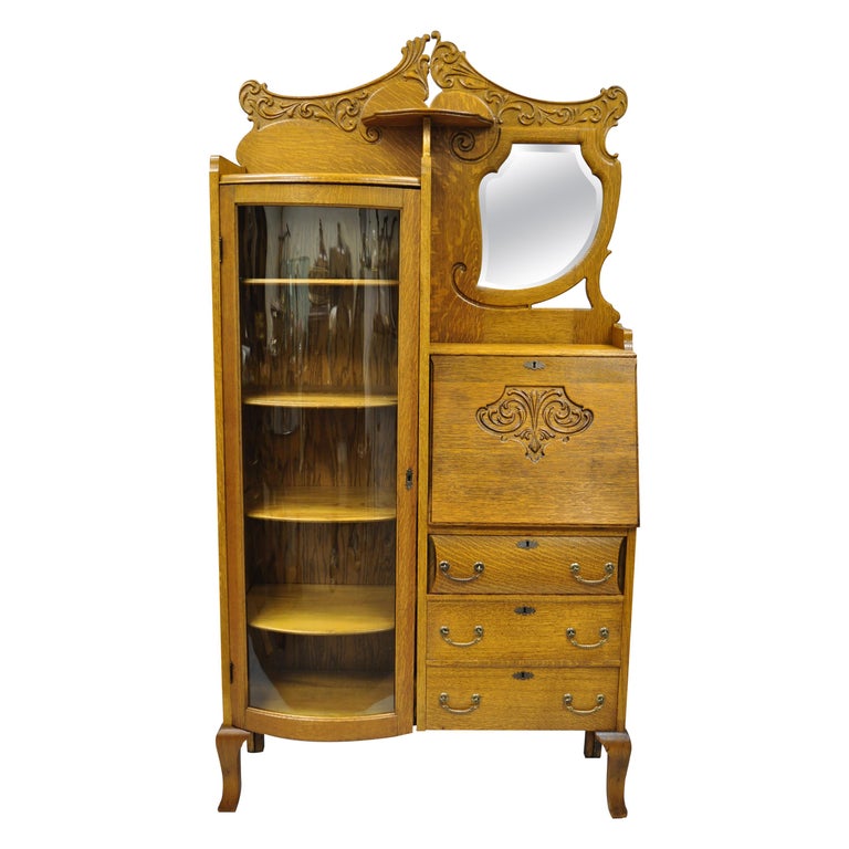 Victorian Golden Oak Side By Side Bow Glass Curio Secretary Desk