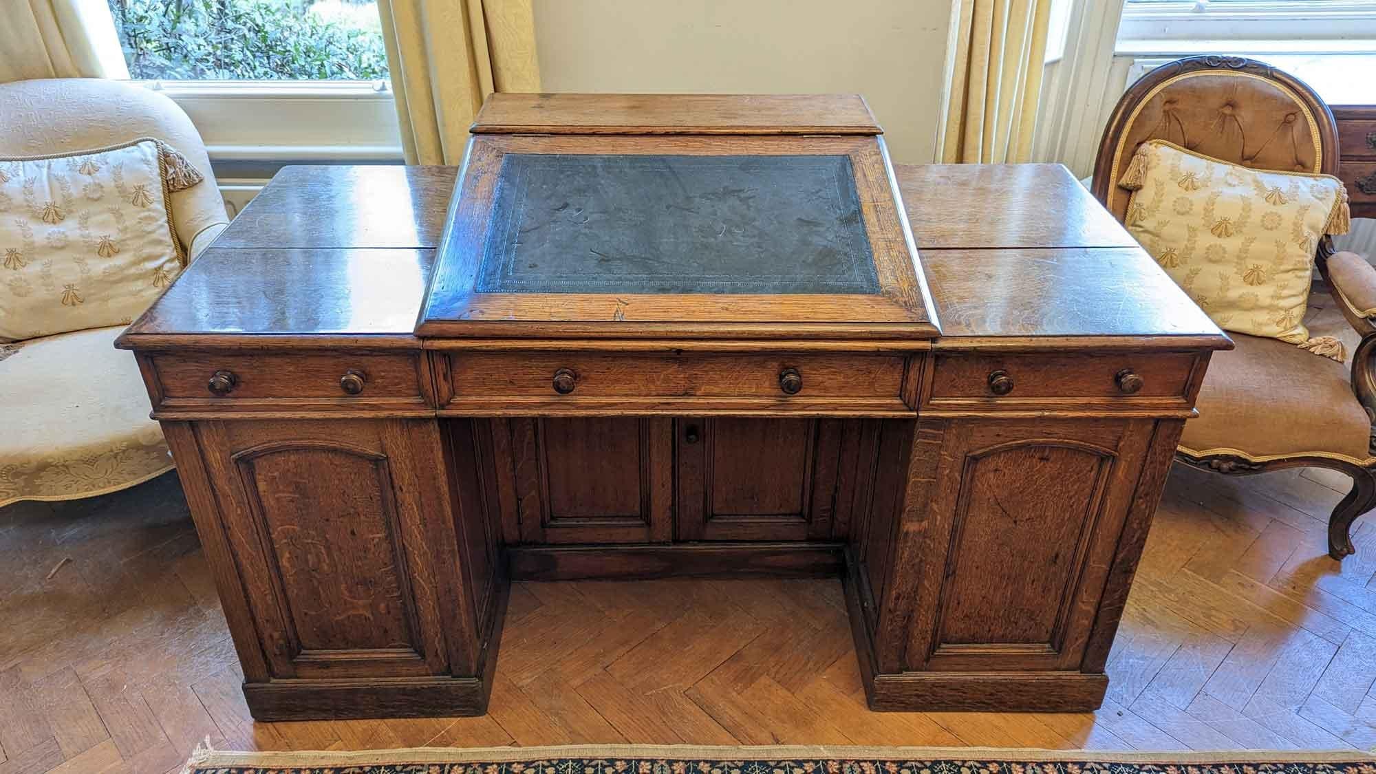 English Victorian Golden Oak Swivel Pedestal Desk For Sale