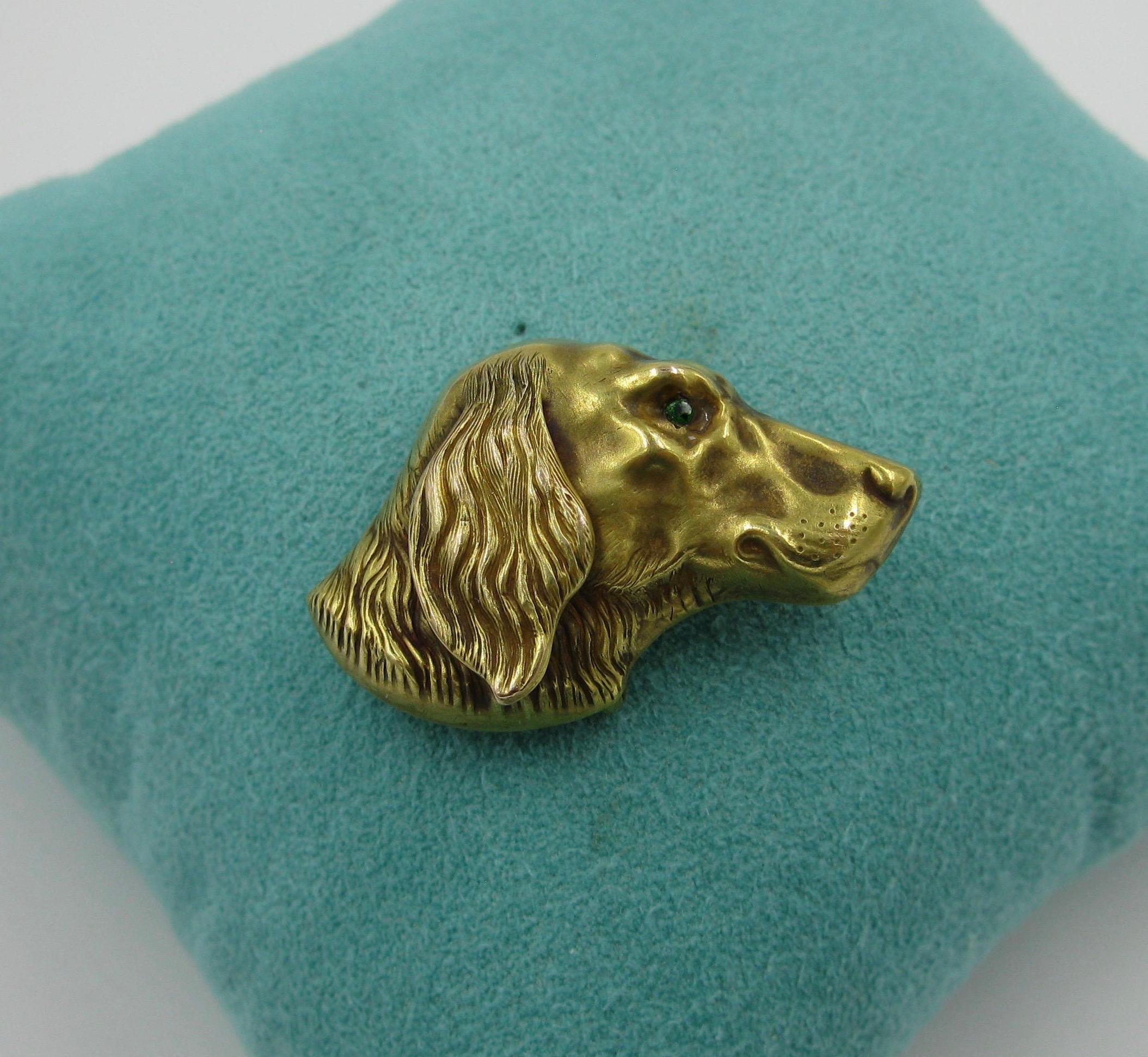 Victorian Golden Retriever Dog Emerald 14 Karat Gold Brooch Pin Riker Brothers 2