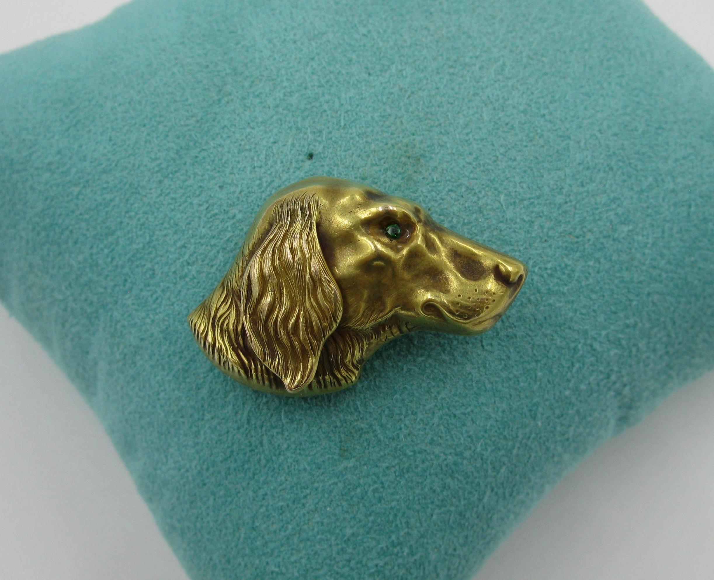Women's or Men's Victorian Golden Retriever Dog Emerald 14 Karat Gold Brooch Pin Riker Brothers