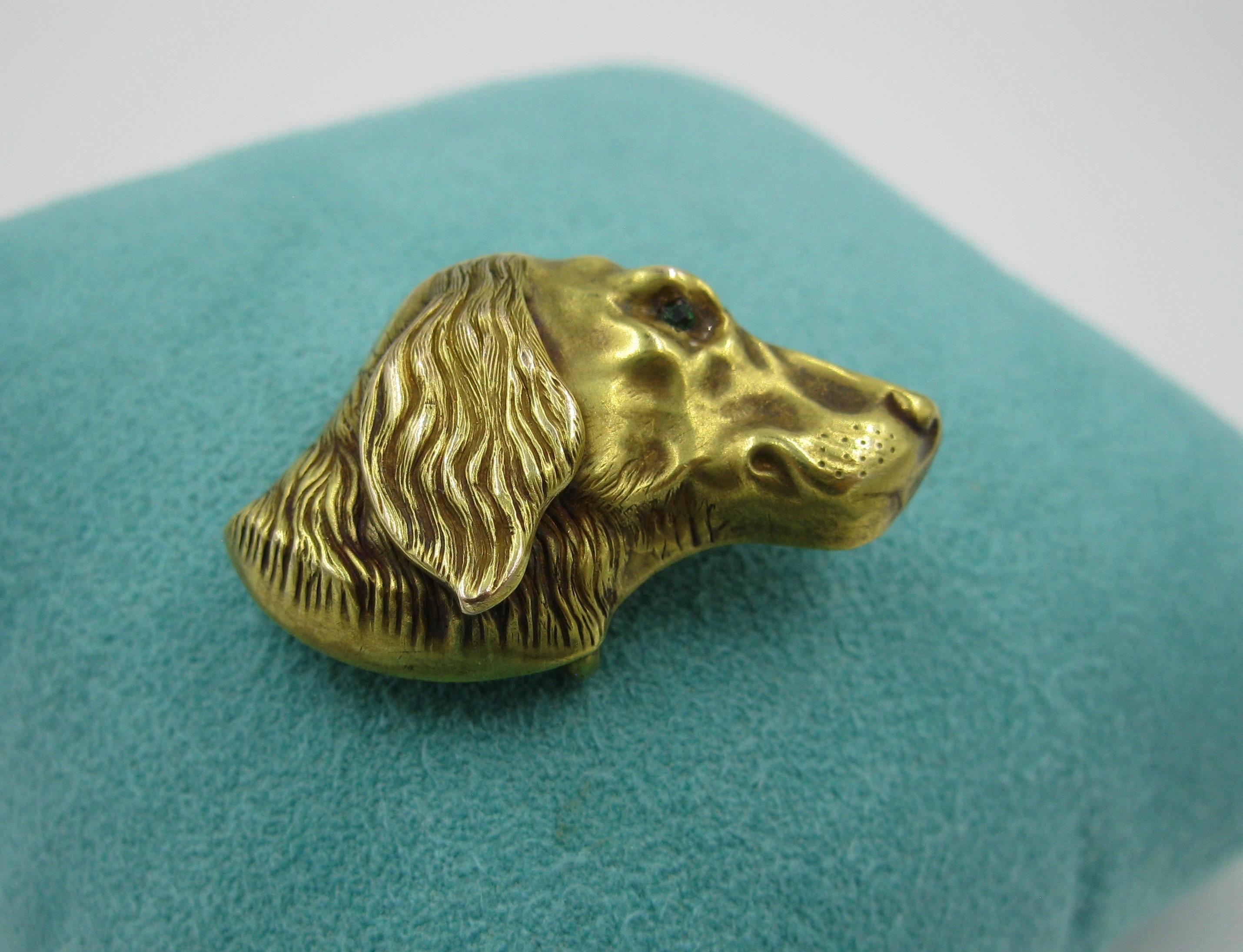 Victorian Golden Retriever Dog Emerald 14 Karat Gold Brooch Pin Riker Brothers 1