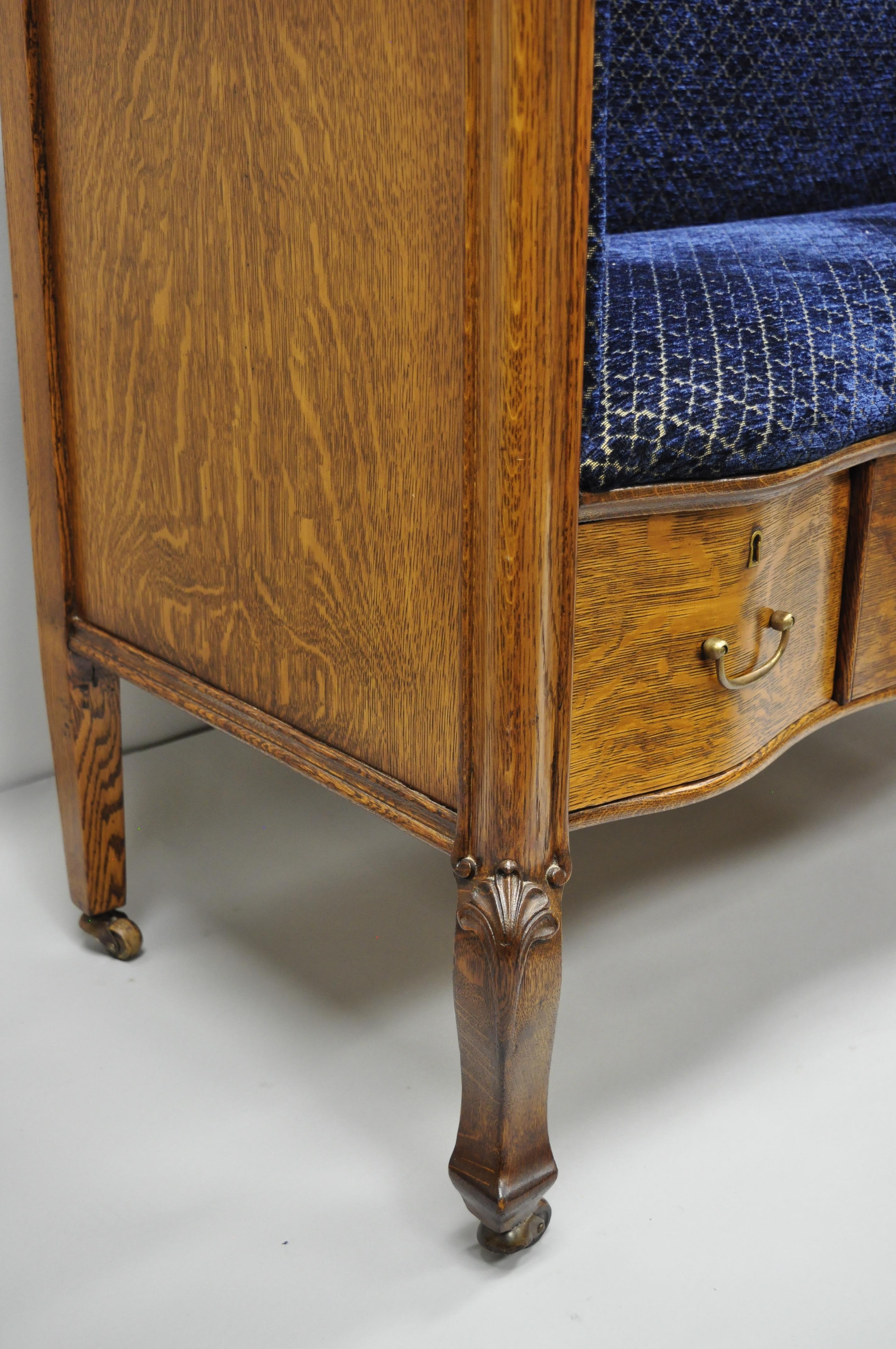 Fabric Victorian Golden Tiger Oak Dresser Chest Re-Purposed to Upholstered Entry Bench