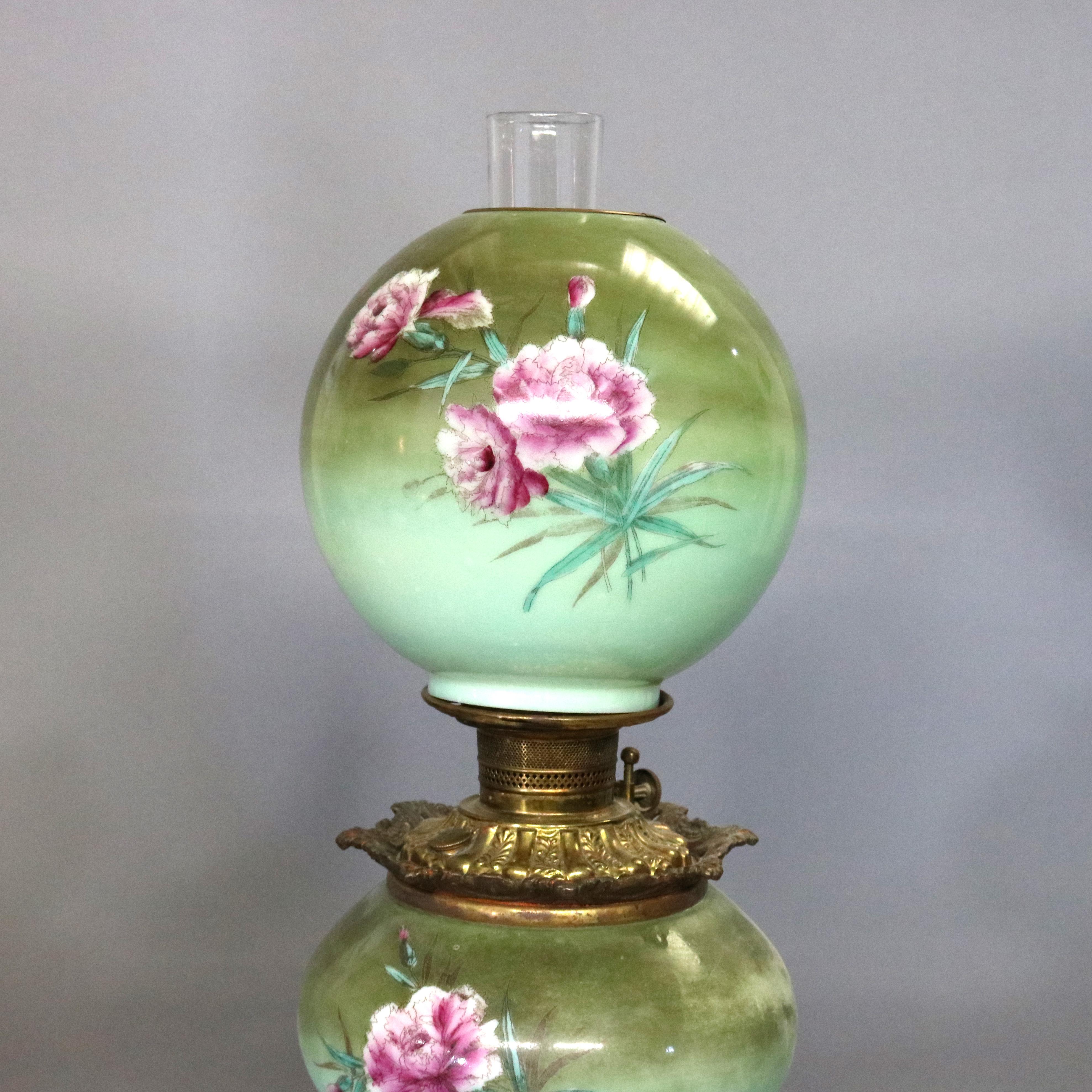 Hand-Painted Victorian Gone-with-the-Wind Hand Painted Floral Oil Lamp, All Original, C1890