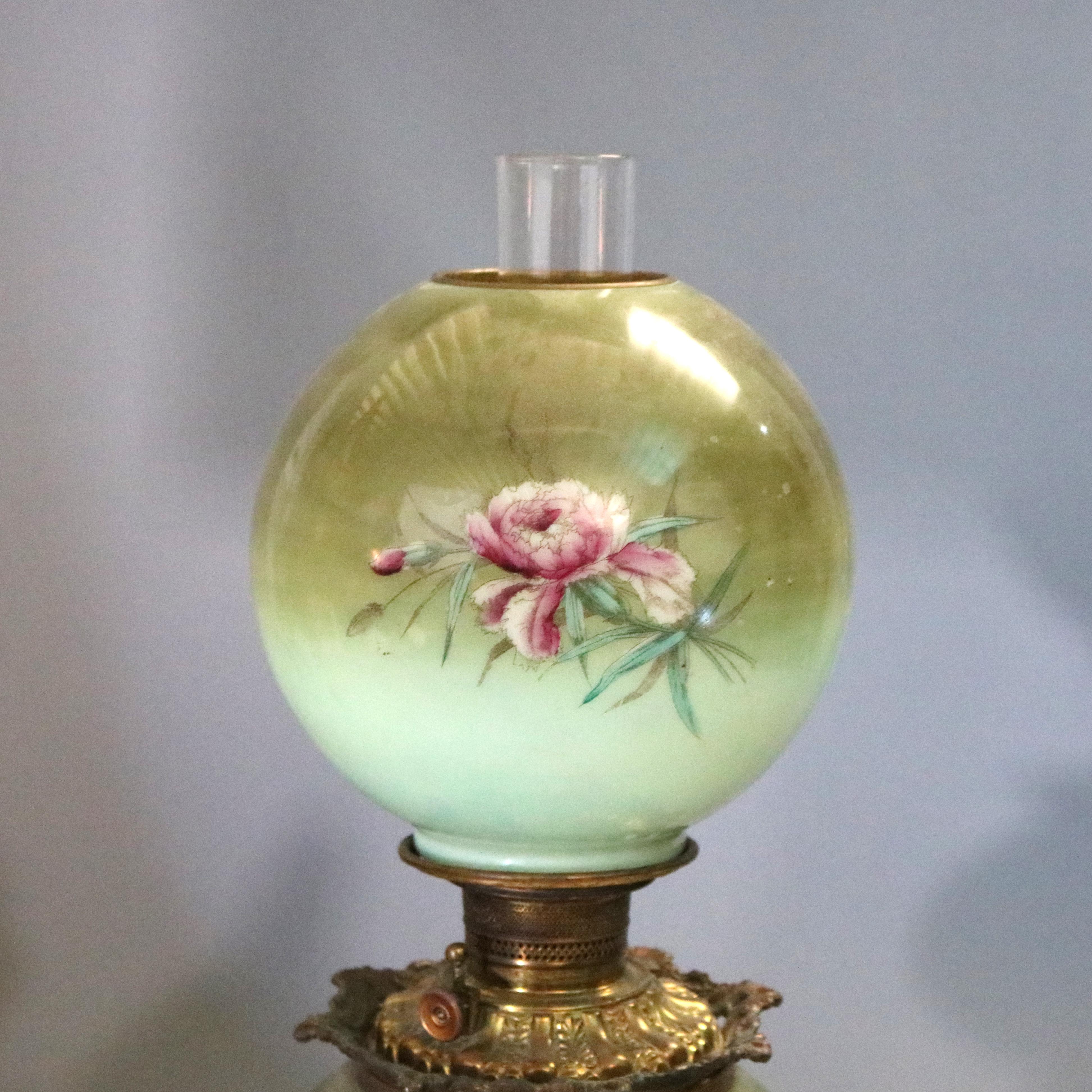 Victorian Gone-with-the-Wind Hand Painted Floral Oil Lamp, All Original, C1890 In Good Condition In Big Flats, NY