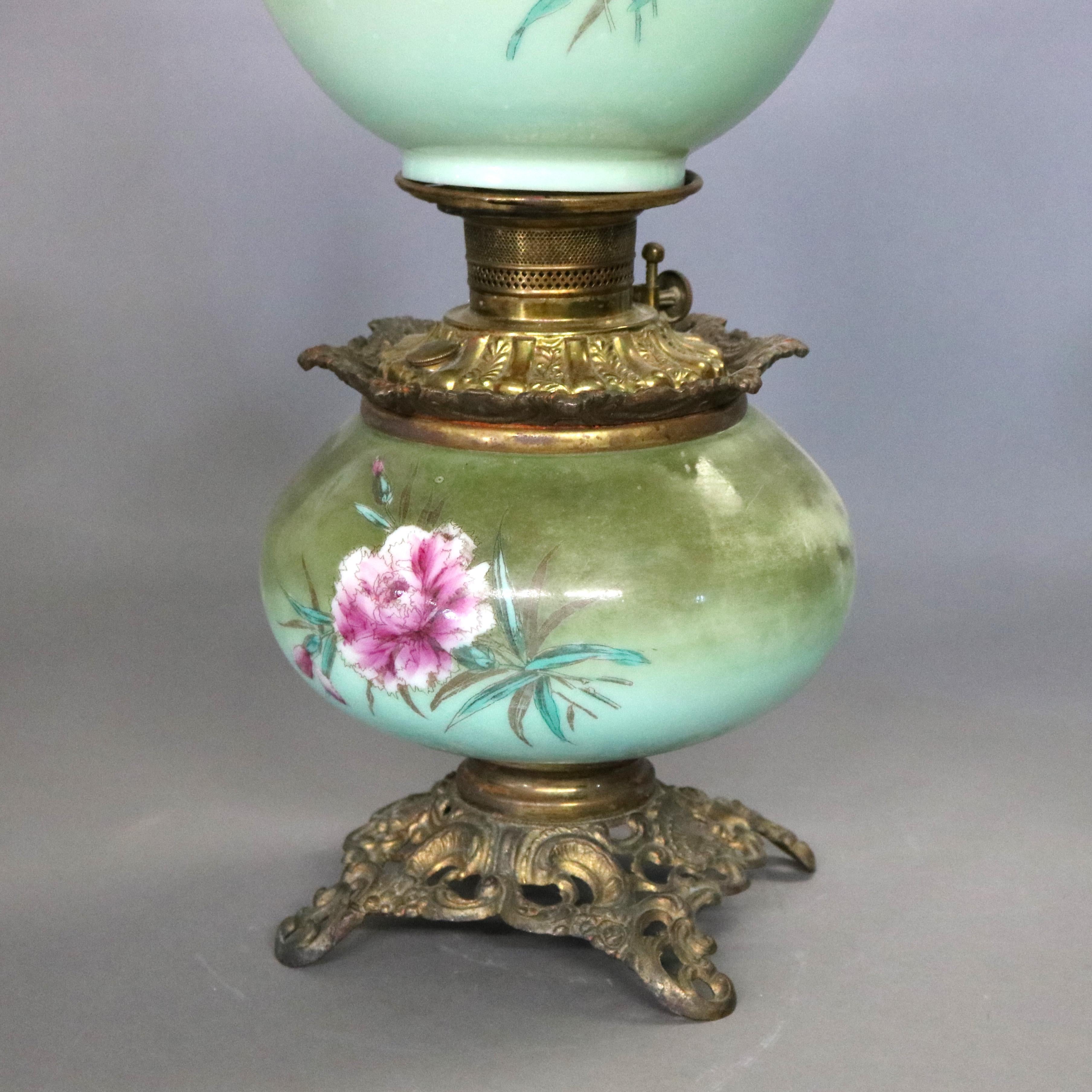 19th Century Victorian Gone-with-the-Wind Hand Painted Floral Oil Lamp, All Original, C1890