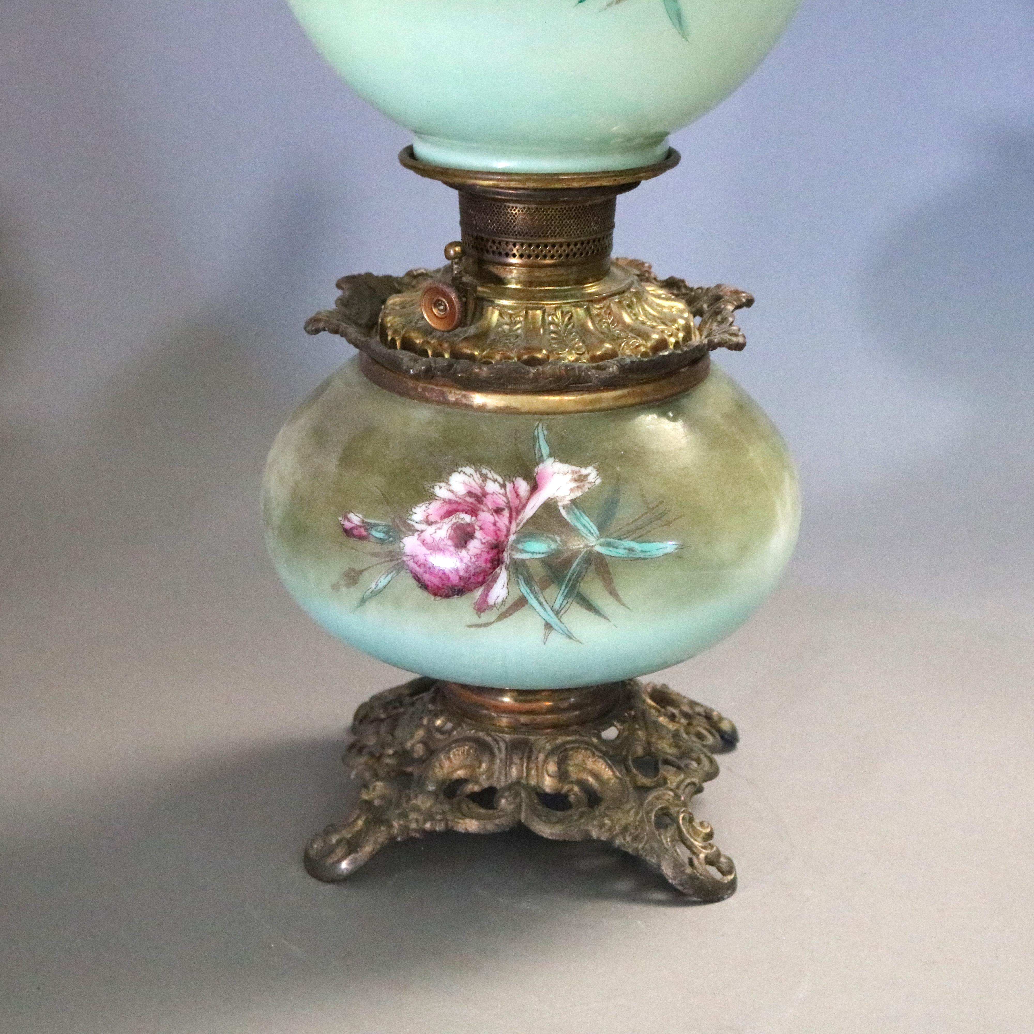 Victorian Gone-with-the-Wind Hand Painted Floral Oil Lamp, All Original, C1890 1