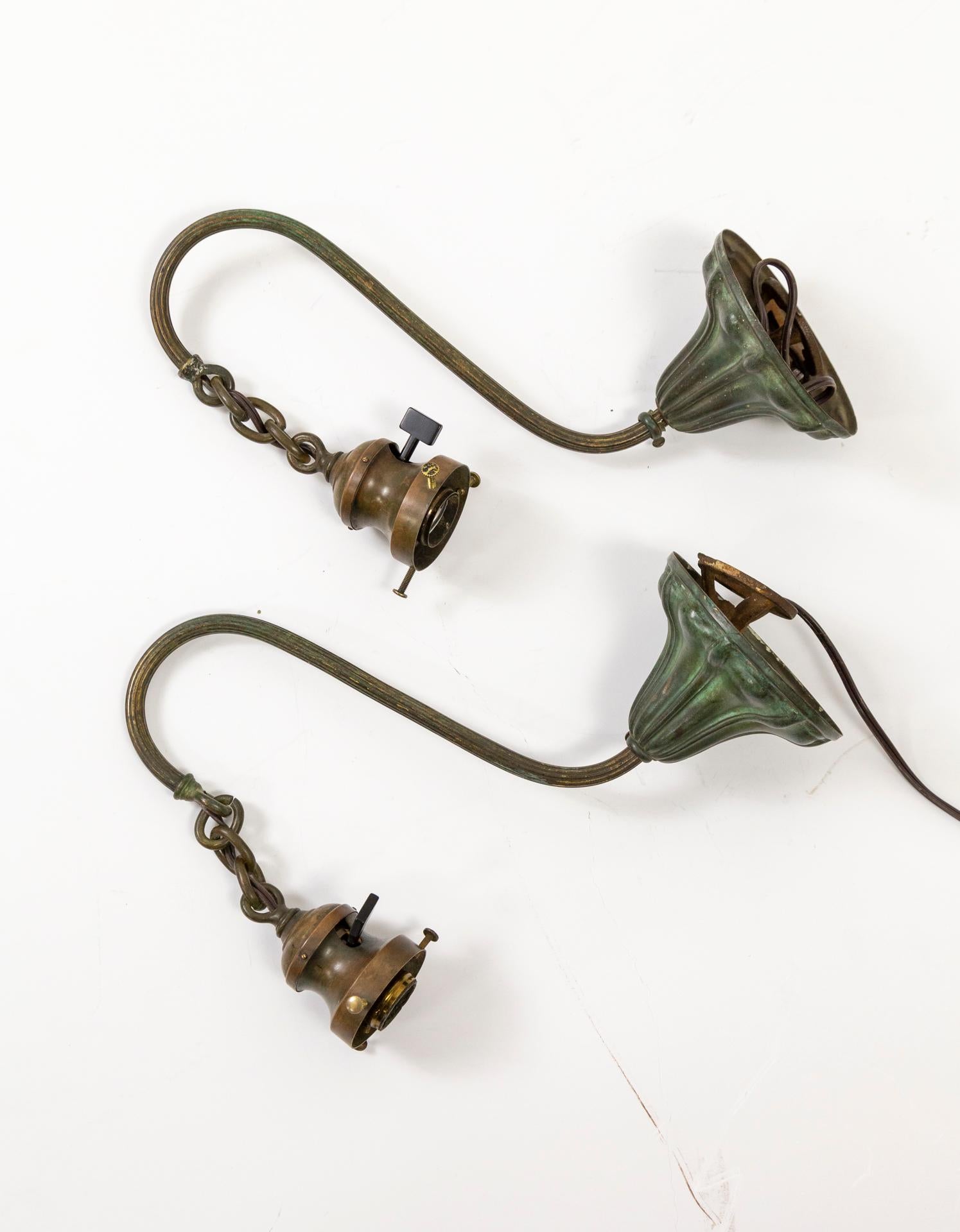 Victorian Gooseneck Darkened Brass Arm Sconces w/ Geometric Glass 'Pair' 5