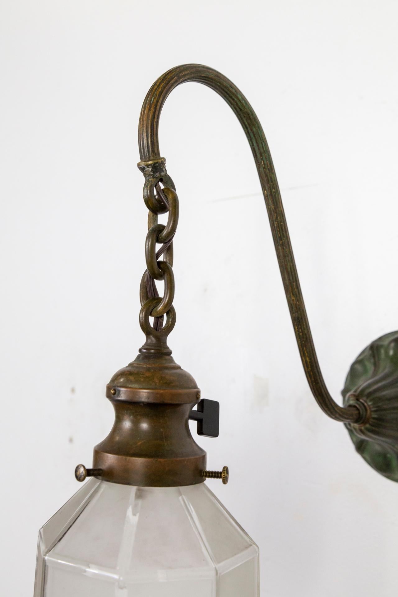 19th Century Victorian Gooseneck Darkened Brass Arm Sconces w/ Geometric Glass 'Pair'