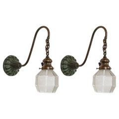 Antique Victorian Gooseneck Darkened Brass Arm Sconces w/ Geometric Glass 'Pair'