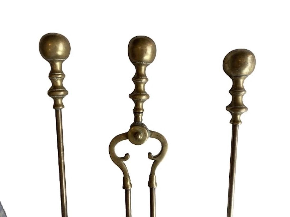 English Victorian Gothic Ball Motif Brass Fire Companion Set, 19th Century For Sale