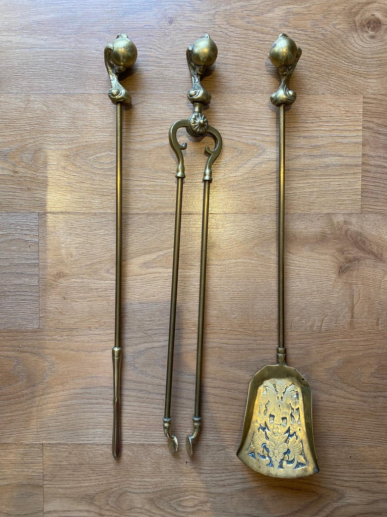 Victorian Gothic Brass Ball and Eagle Claw Motif Fire Companion Set For