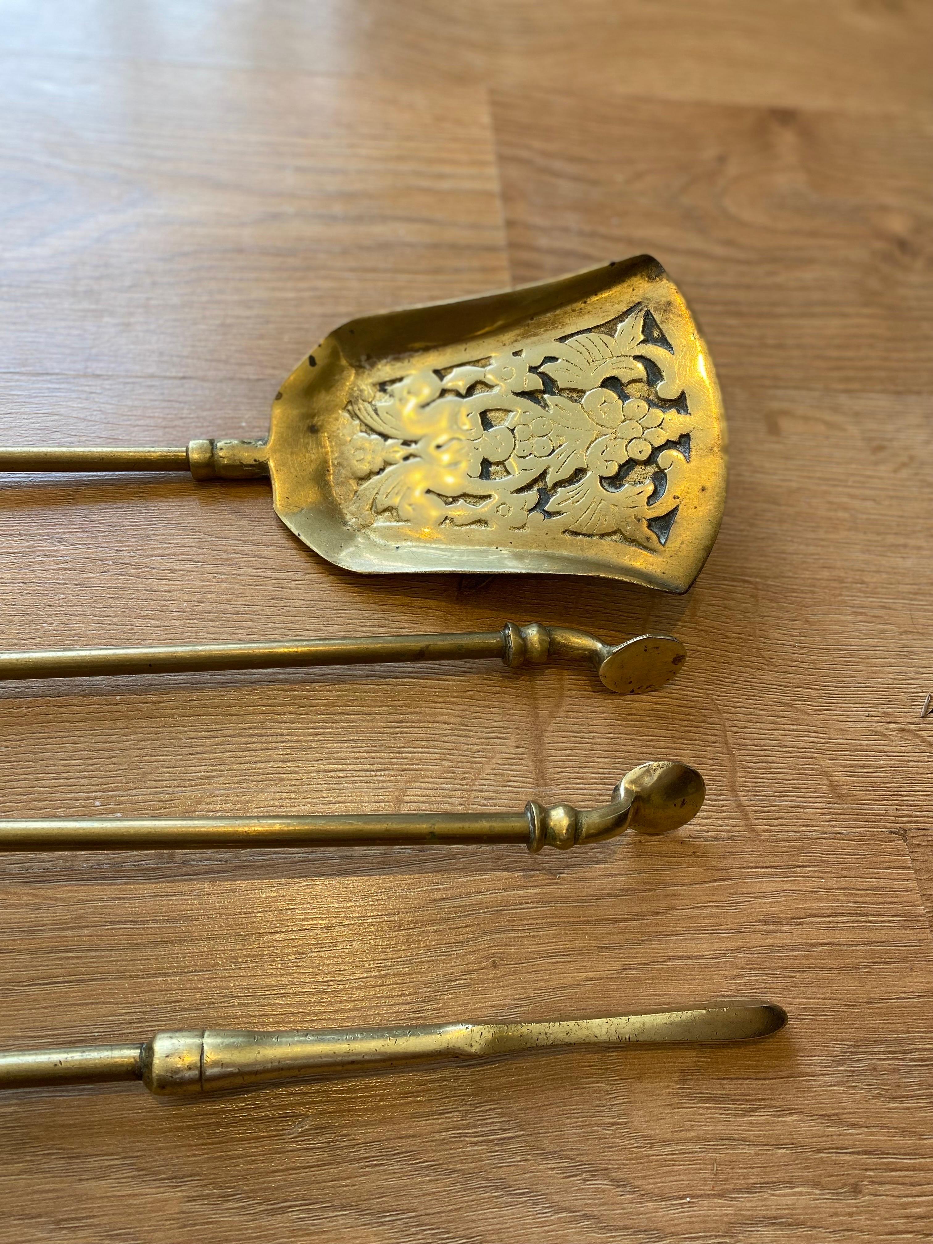 Victorian Gothic Brass Ball and Eagle Claw Motif Fire Companion Set 3