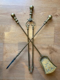 Victorian Gothic Brass Fire Companion Set, 19th Century