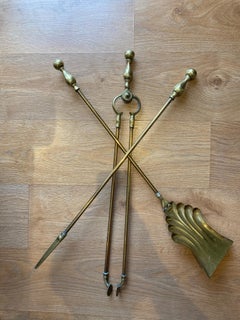 Victorian Gothic Brass Fire Companion Set, 19th Century