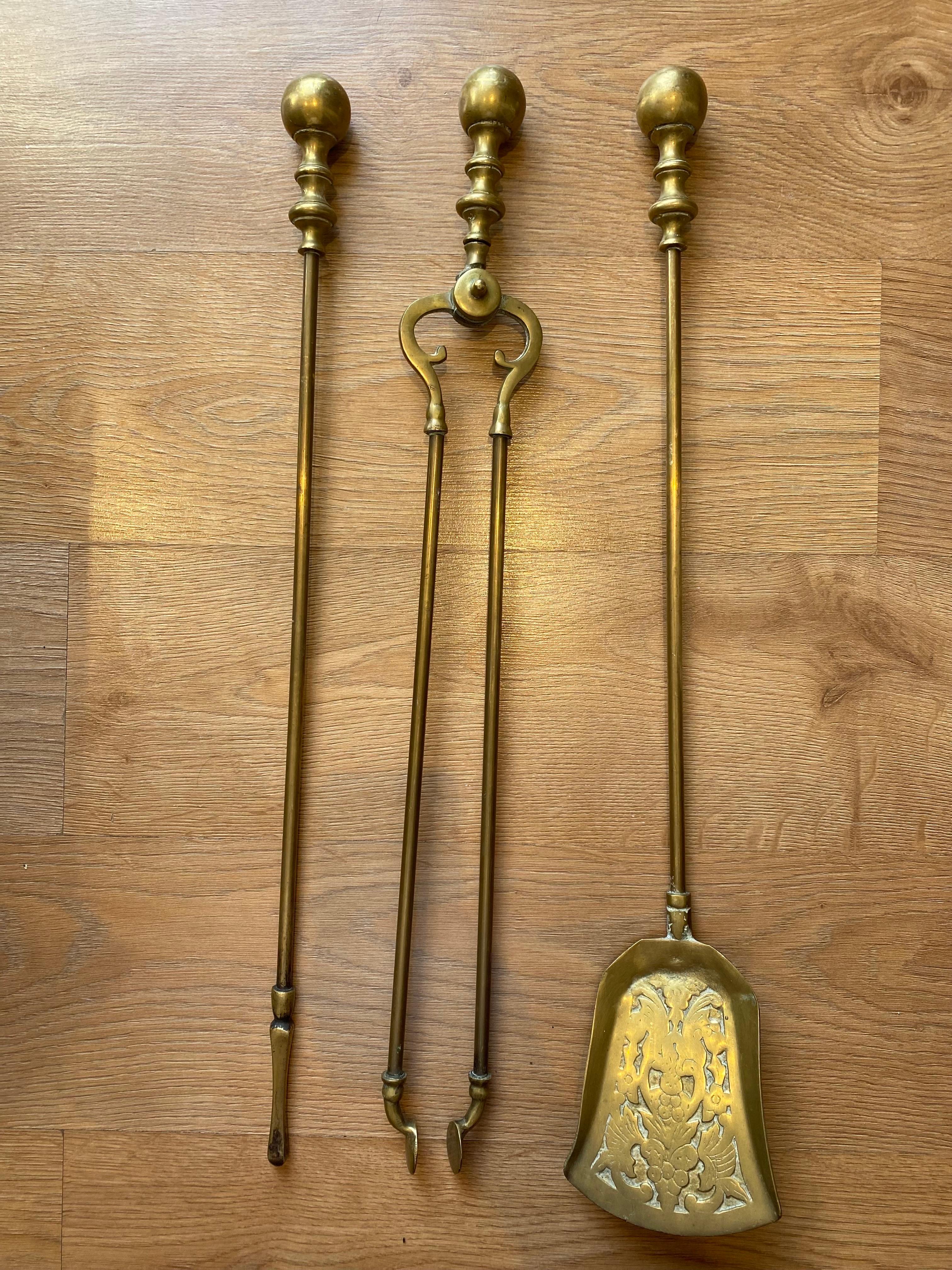 European Victorian Gothic Brass Fire Companion Set, 19th Century