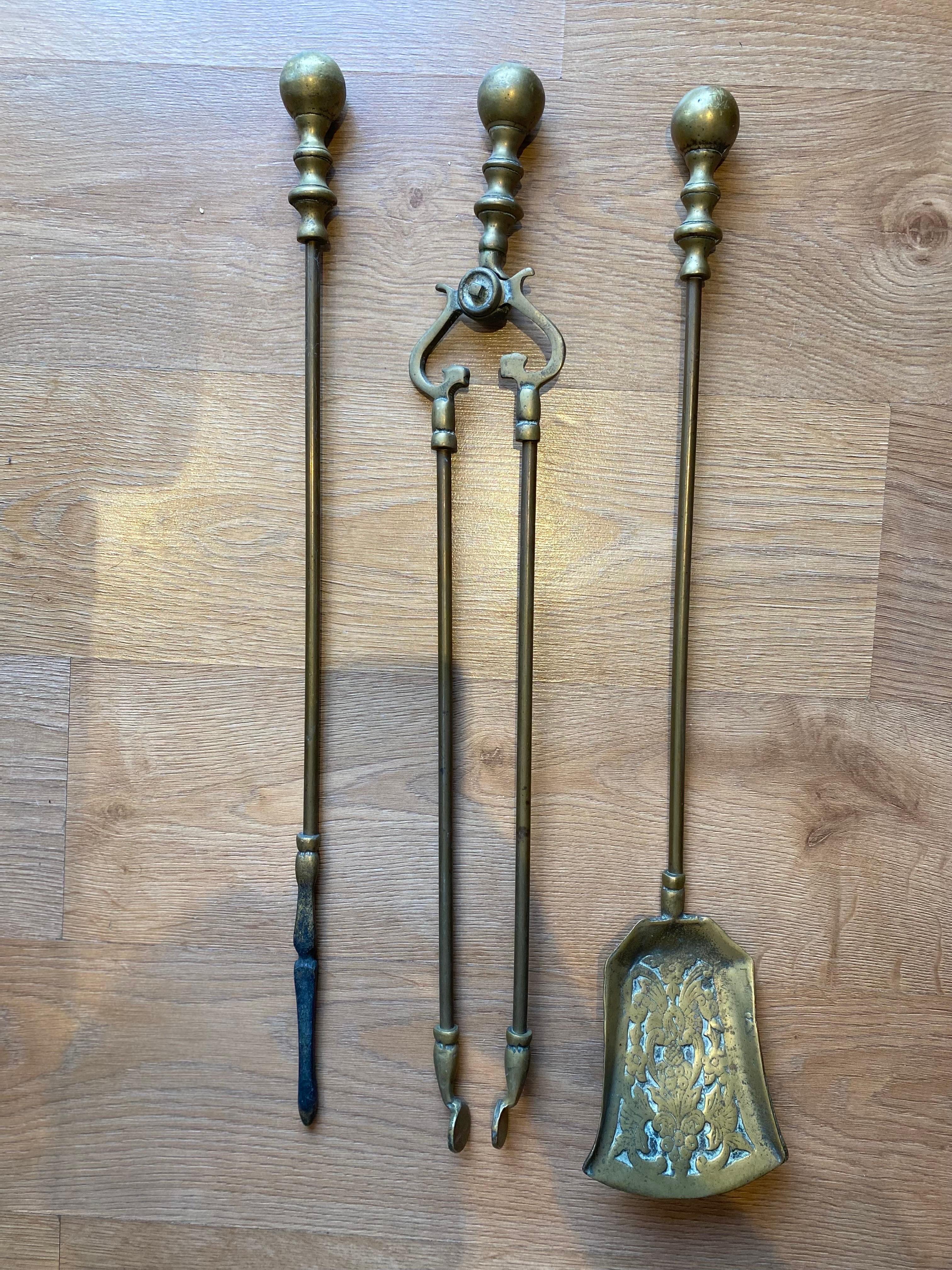 European Victorian Gothic Brass Fire Companion Set, 19th Century