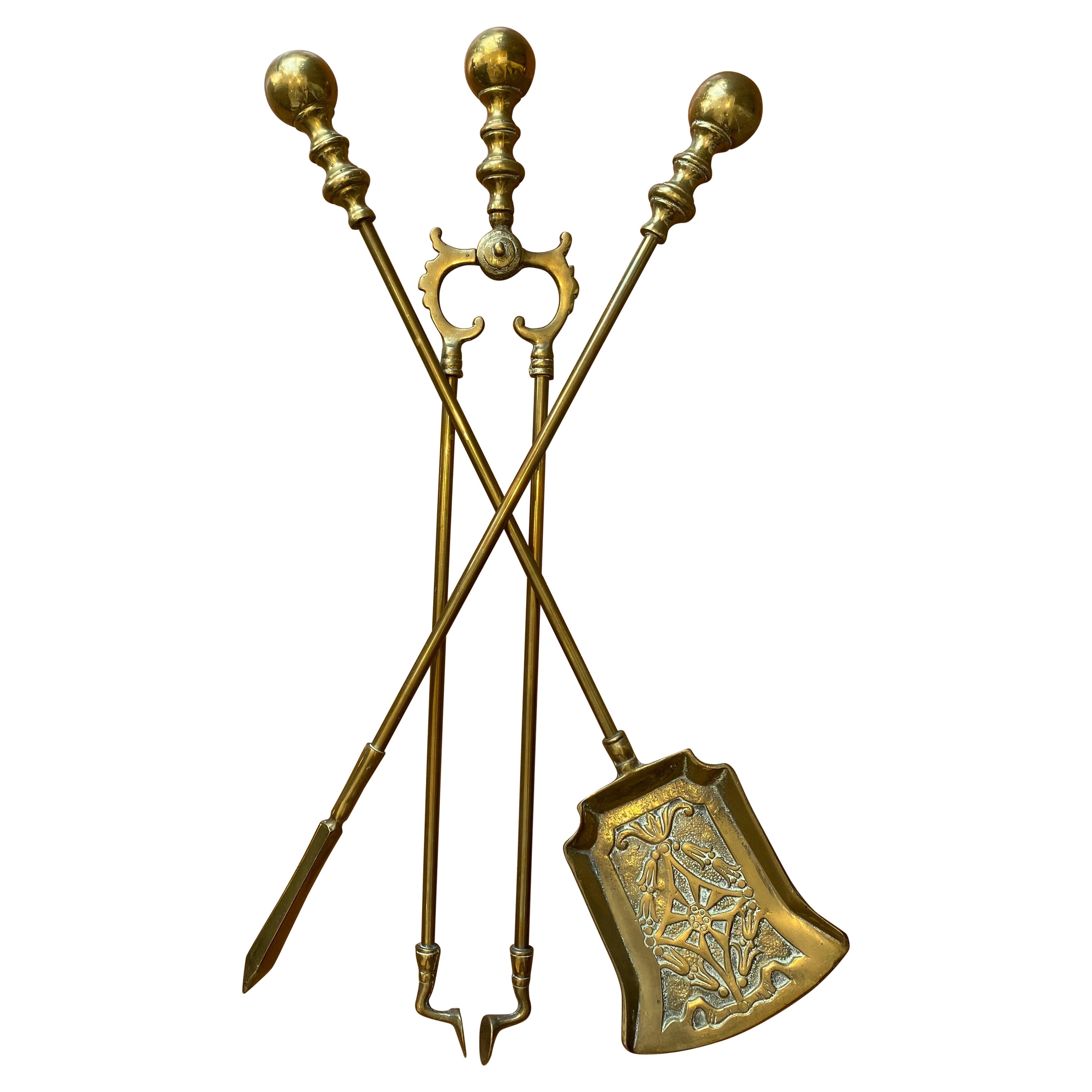 Victorian Gothic Brass Fire Companion Set, 19th Century