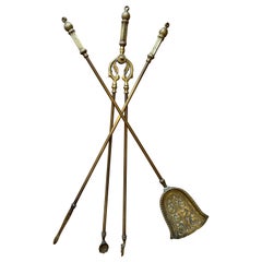Victorian Gothic Brass Fire Companion Set, 19th Century