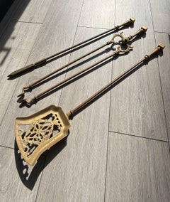 Victorian Gothic Brass Fire Companion Set, Fireplace Tools, 19th Century