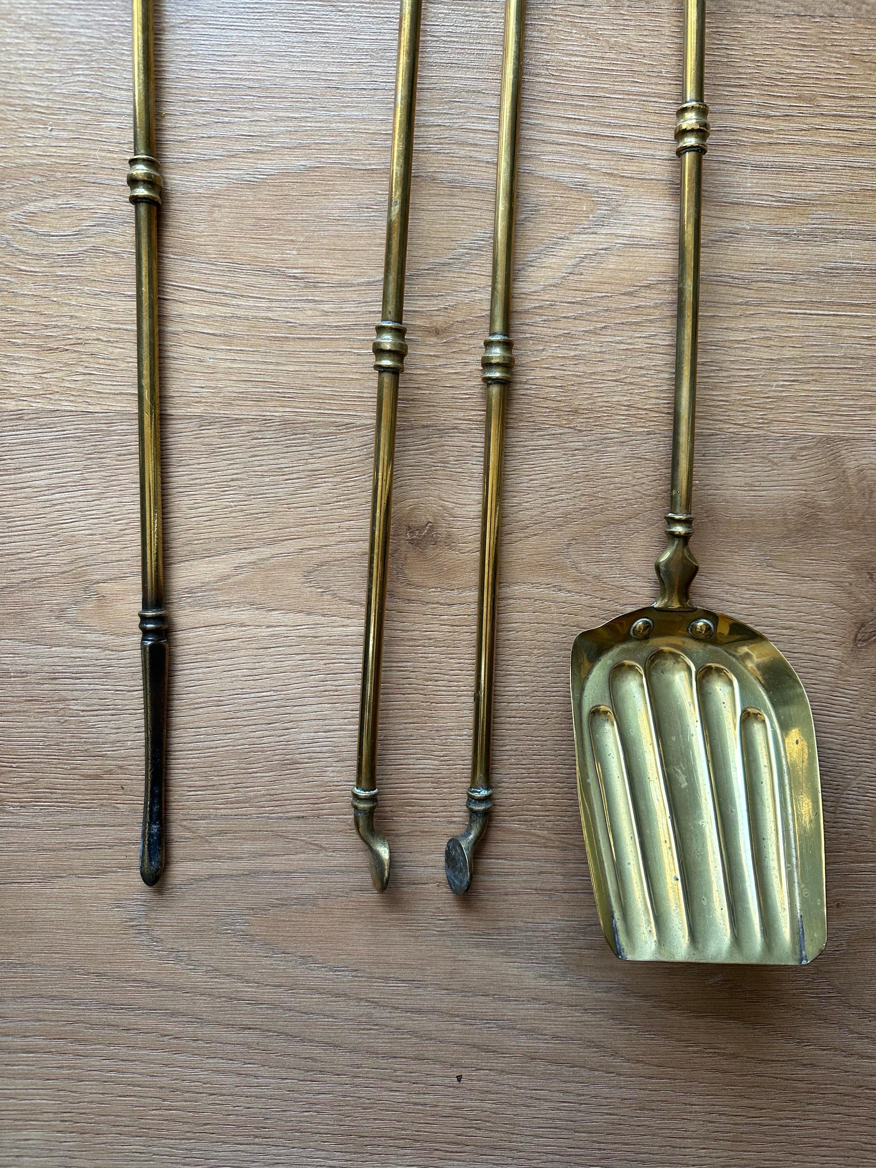 European Victorian Gothic Brass Fire Companion Set, Fireplace Tools, 19th Century For Sale