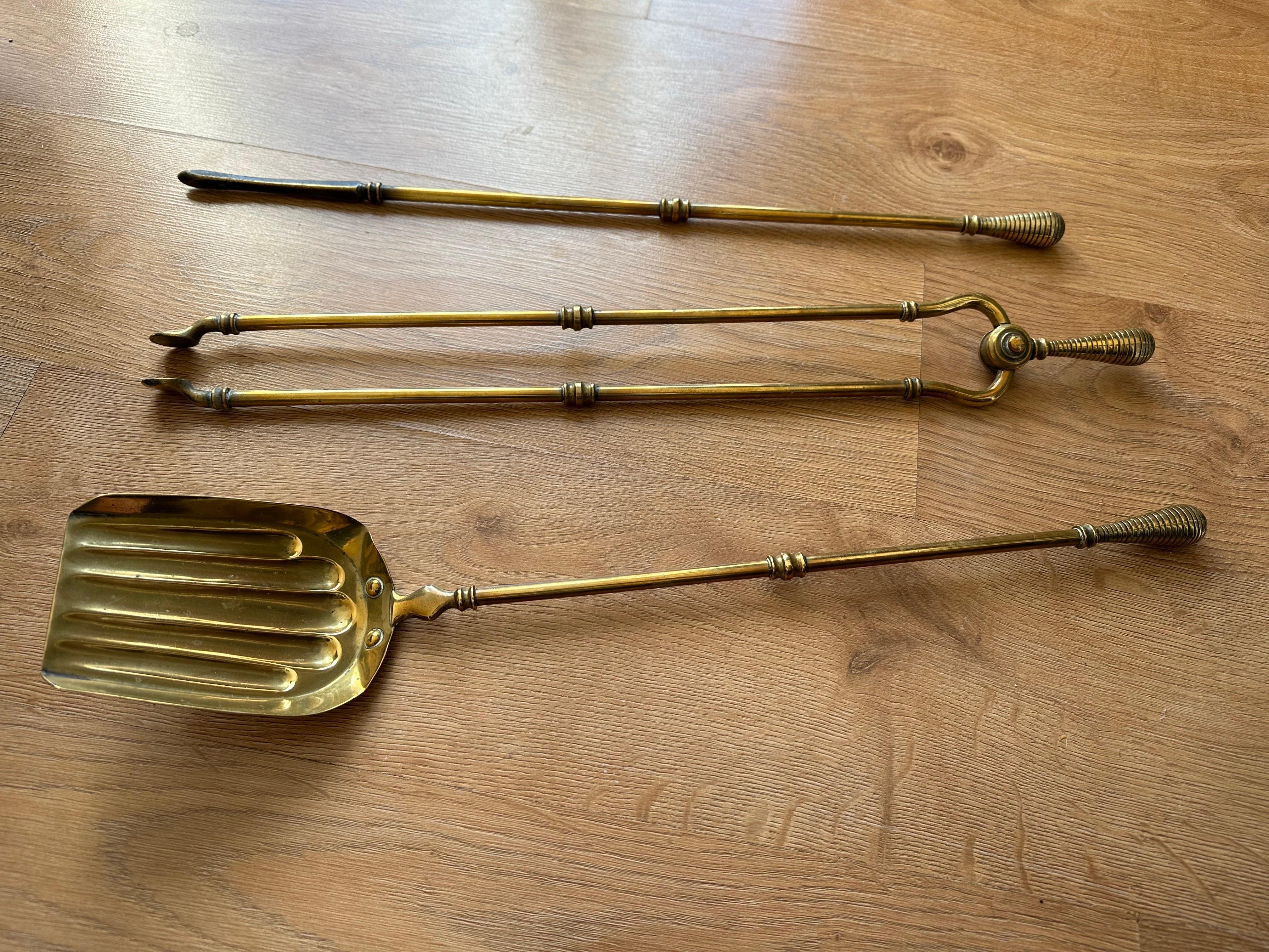 Victorian Gothic Brass Fire Companion Set, Fireplace Tools, 19th Century For Sale 1