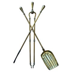 Victorian Gothic Brass Fire Companion Set, Fireplace Tools, 19th Century