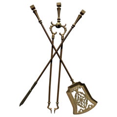 Victorian Gothic Brass Fire Companion Set, Fireplace Tools, 19th Century