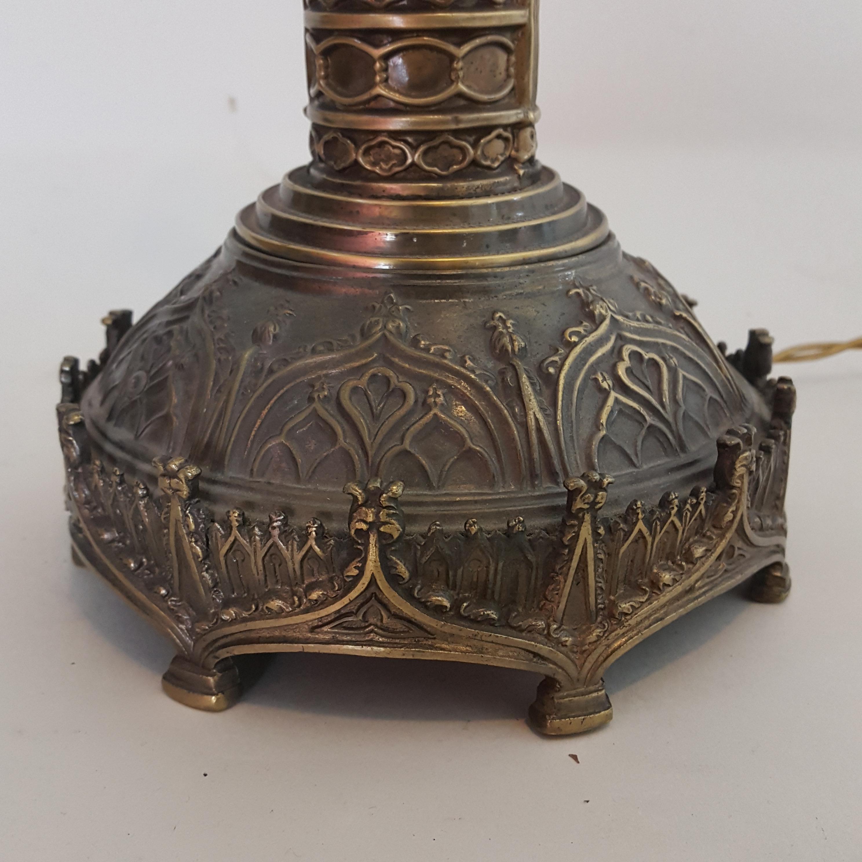 Gothic Revival Victorian Gothic brass table lamp Day's Patent For Sale