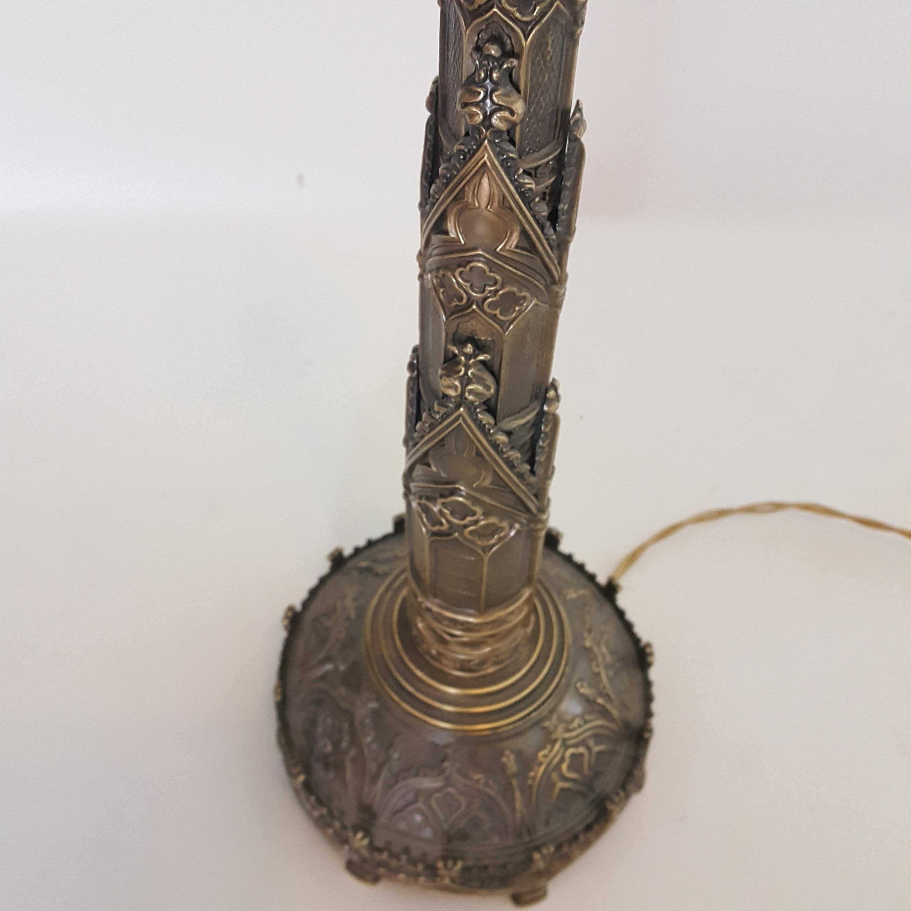 British Victorian Gothic brass table lamp Day's Patent For Sale