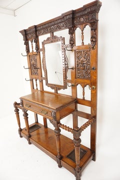 Victorian Gothic Carved Barley Twist Hall Stand, "Green Man" Scotland 1870 H1021