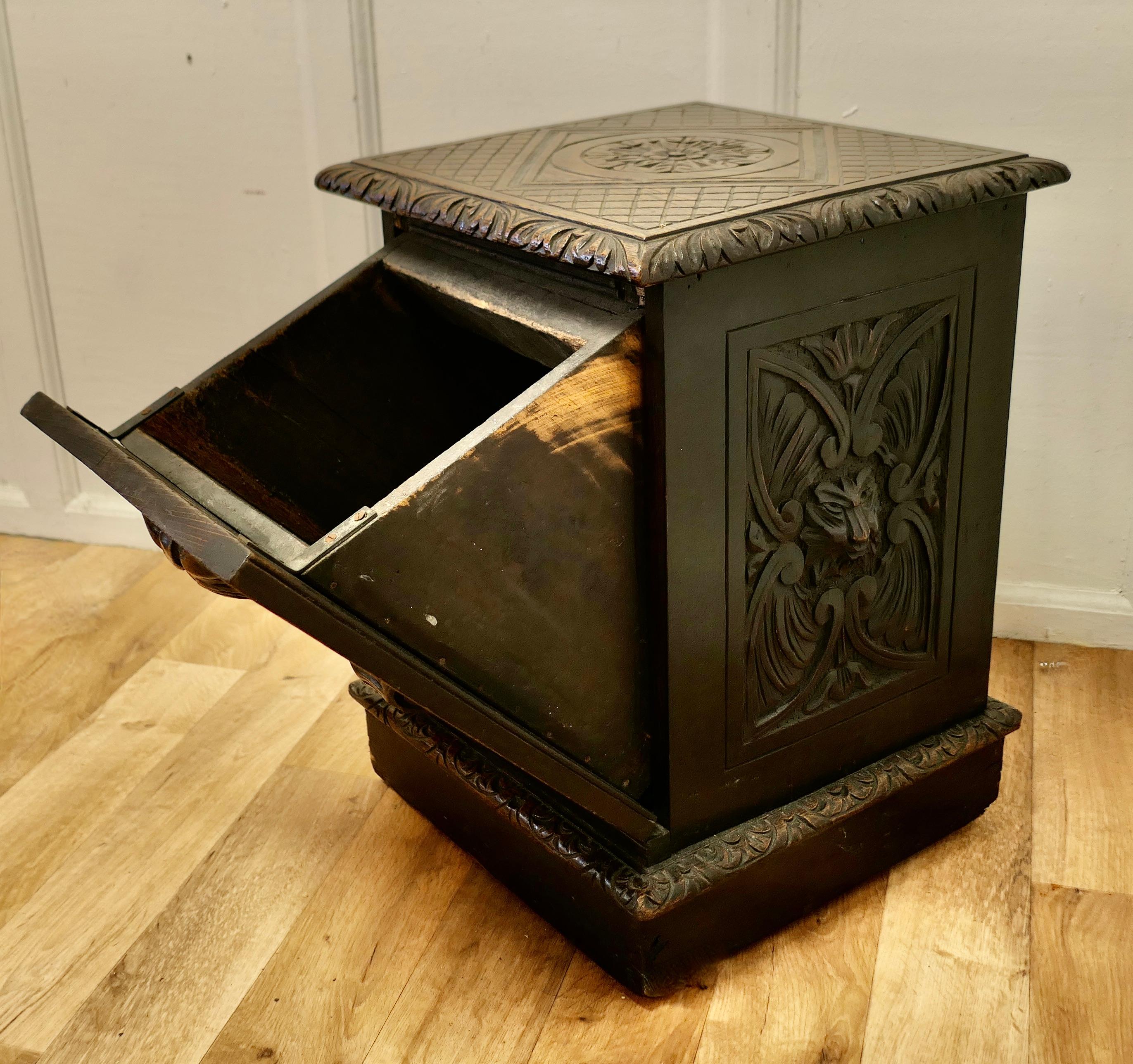 19th Century Victorian Gothic Carved Oak Green Man Coal or Log Box For Sale