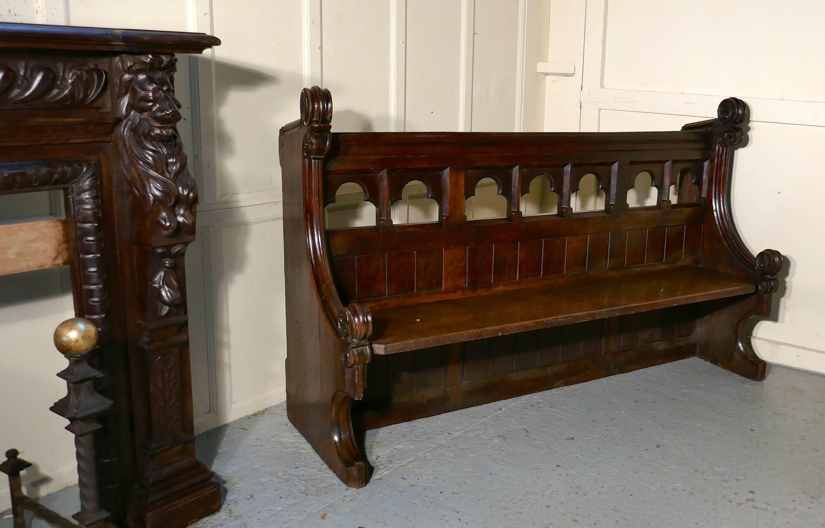 Victorian Gothic carved oak pew 
 
The pew or settle is made in oak, it is very heavy and sturdy, it has carved sides and back panel, it would make a wonderful hall seat or kitchen bench

The bench is very good quality, steady and real rarity,